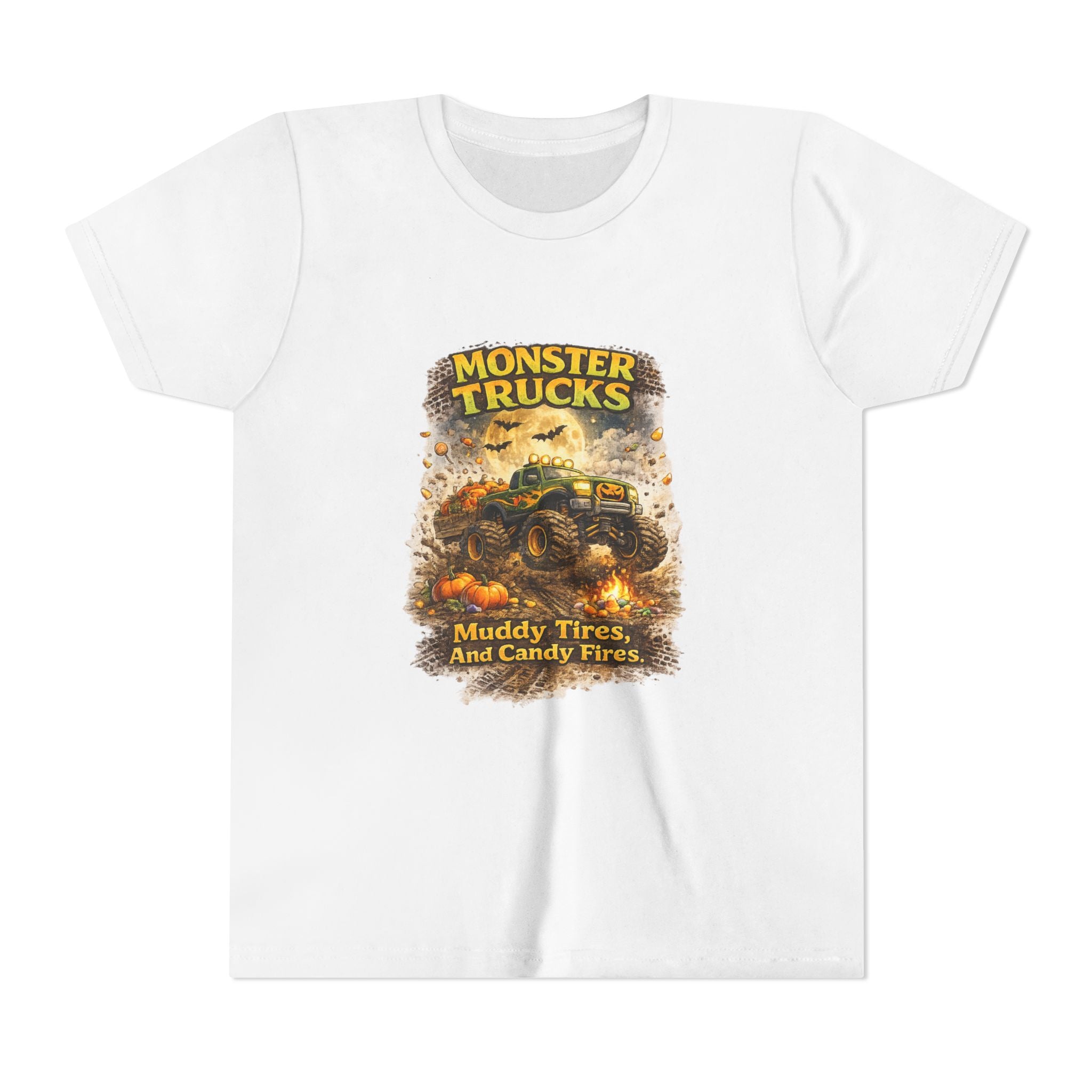 Monster Trucks Youth Tee - "Muddy Tires and Candy Fires" Halloween Kids Shirt