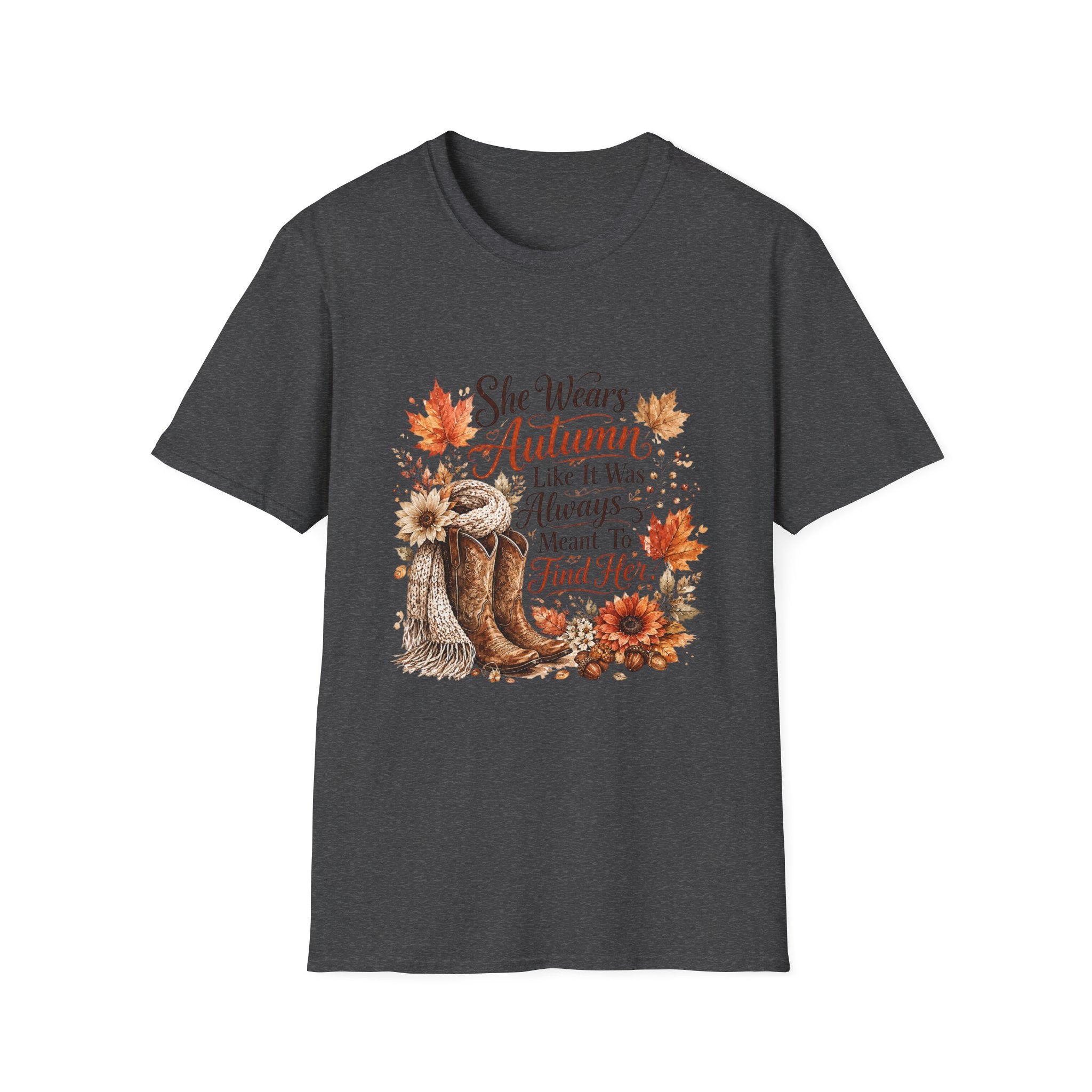 “She Wears Autumn Like It Was Always Meant To Find Her” Fall Graphic T-Shirt — Autumn Tee