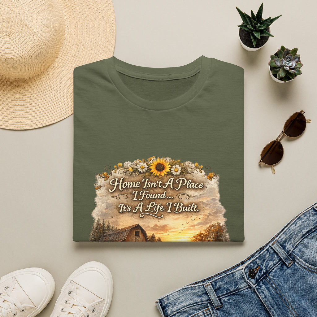 "Home Isn't A Place I Found... It's A Life I Built" Rustic Sunflower Tee — T-Shirt