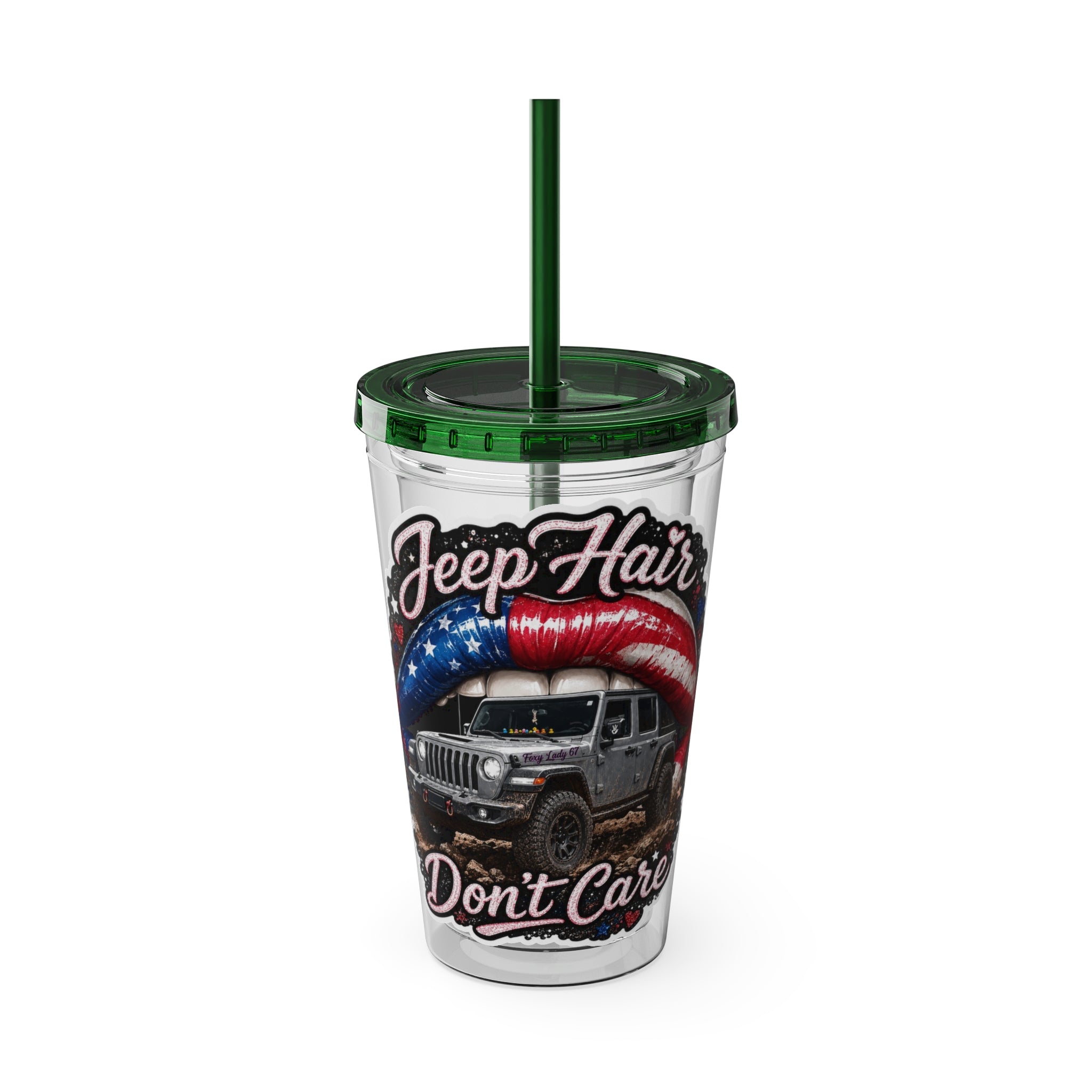 Jeep Hair Don't Care 16oz Tumbler with Straw — Patriotic Off-Road Truck Design