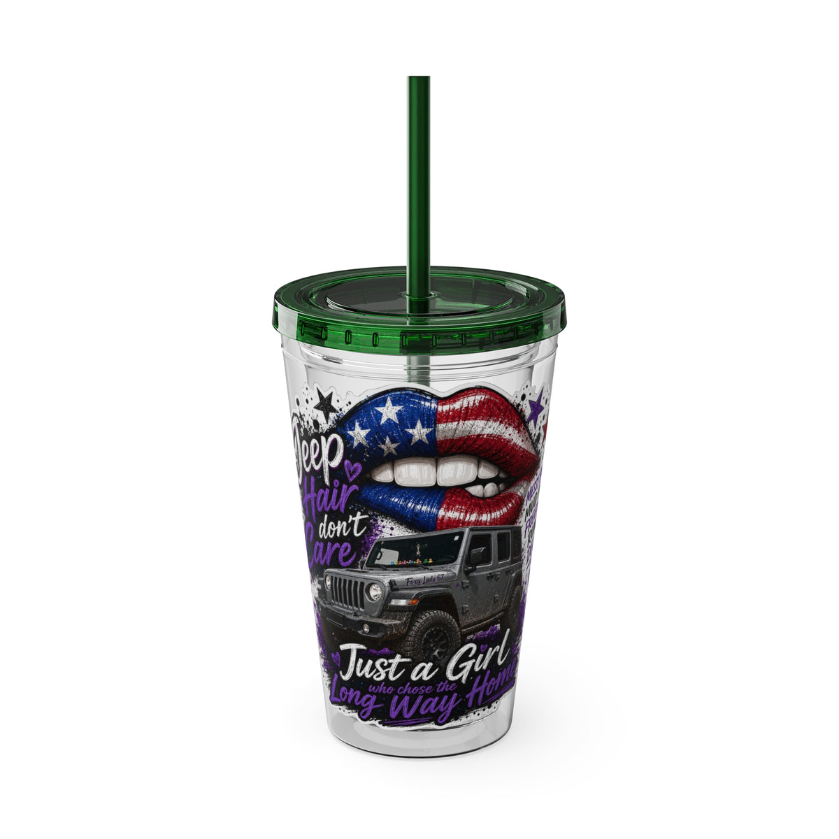 Jeep Girl 16oz Tumbler with Straw — American Flag Lips ‘Jeep Hair Don’t Care’ Design
