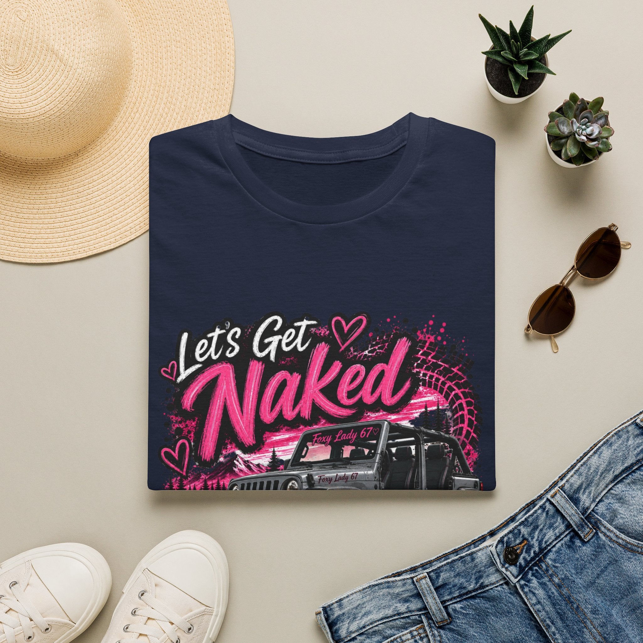 Jeep 'Let's Get Naked' Graphic T-Shirt — (Pink) Funny Off-Roading Top