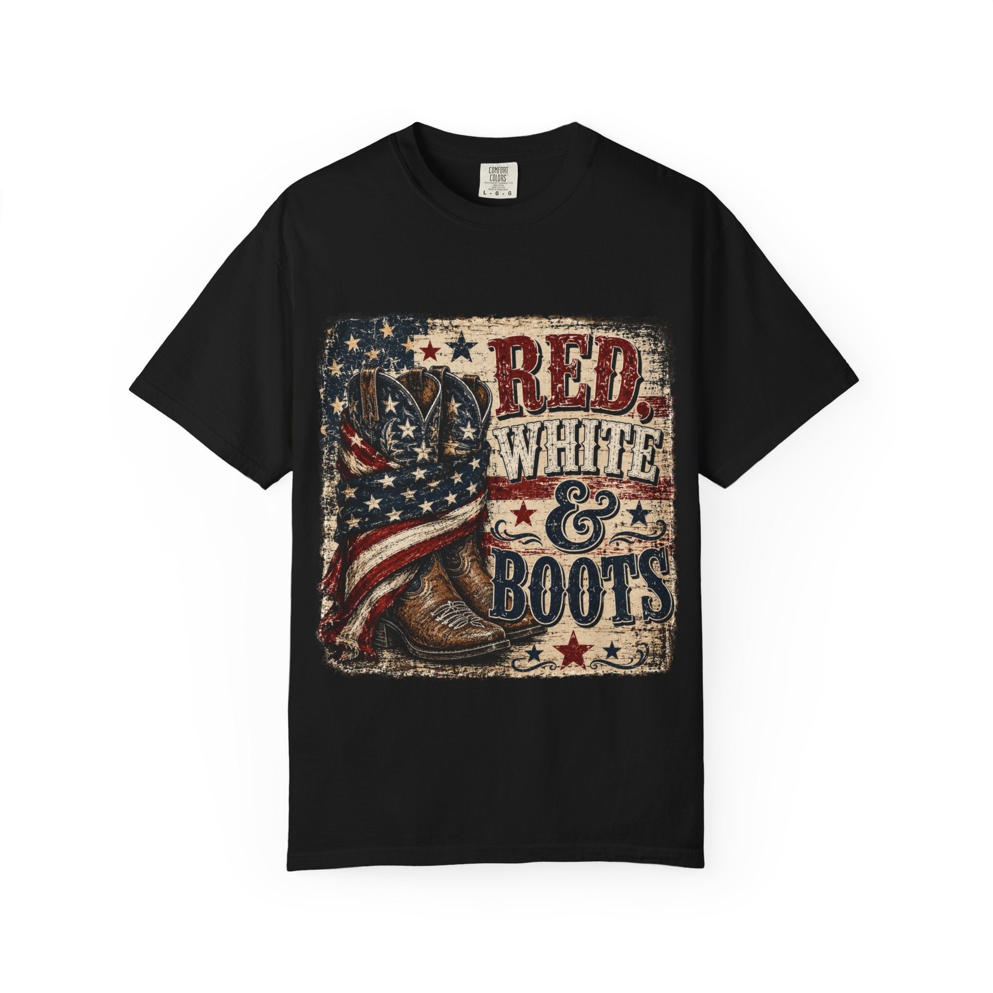 Patriotic "Red White & Boots" T-Shirt — American Flag Cowboy Boot Tee