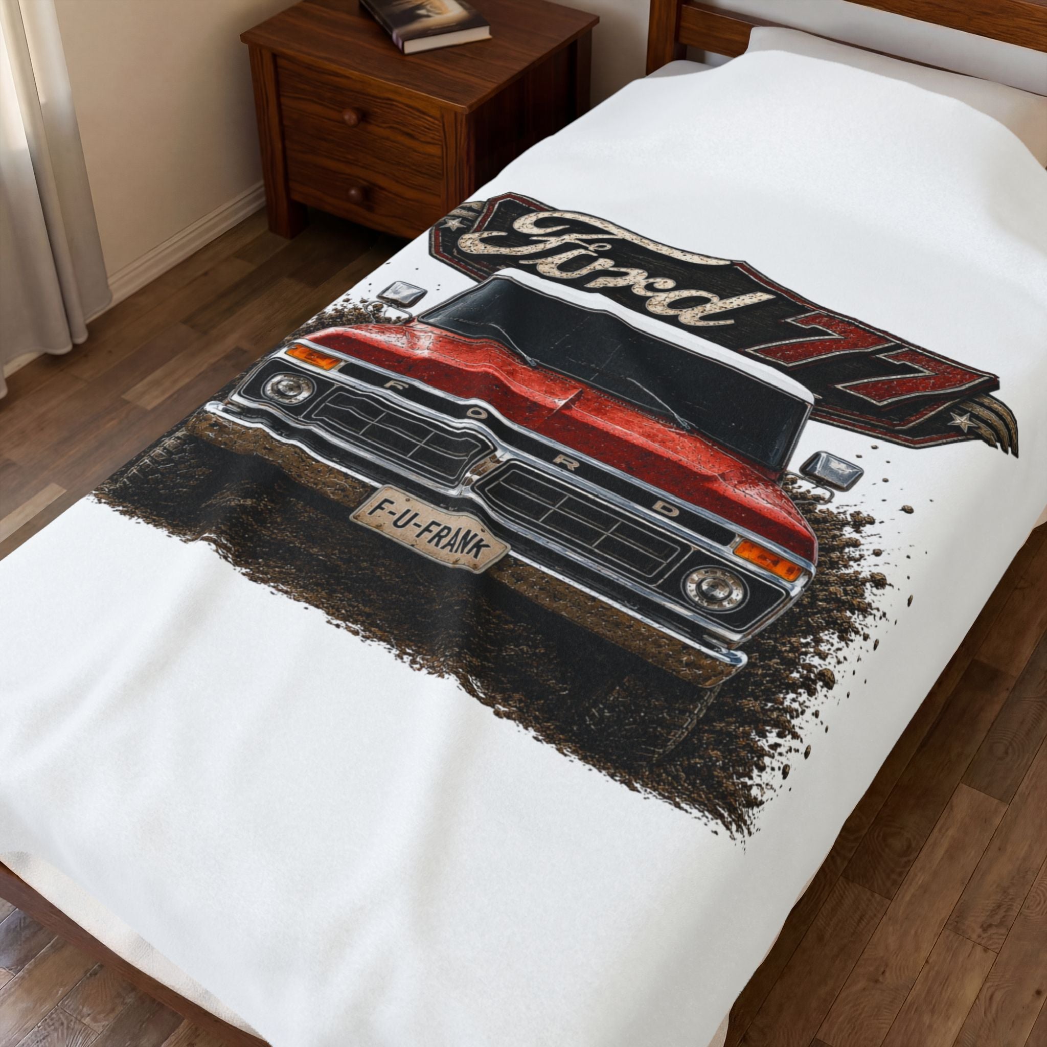 Ford '77 Vintage Truck Velveteen Plush Blanket – Retro Red Pickup Design