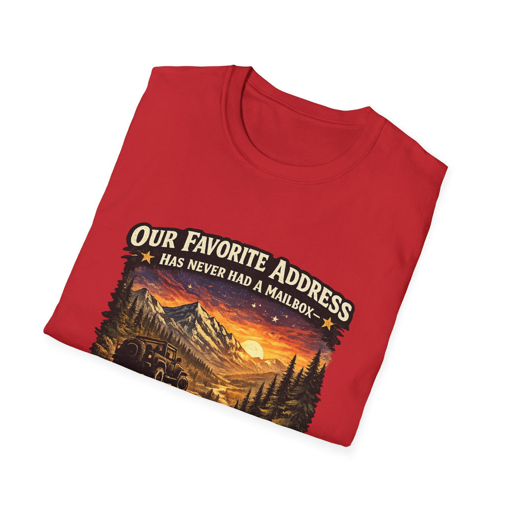 "Our Favorite Address Has Never Had a Mailbox" Scenic Mountain Camping Tee — T-Shirt