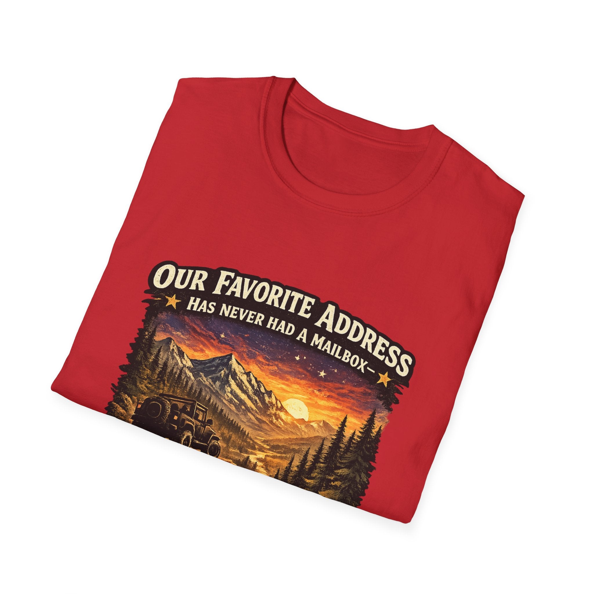 "Our Favorite Address Has Never Had a Mailbox" Scenic Mountain Camping Tee — T-Shirt