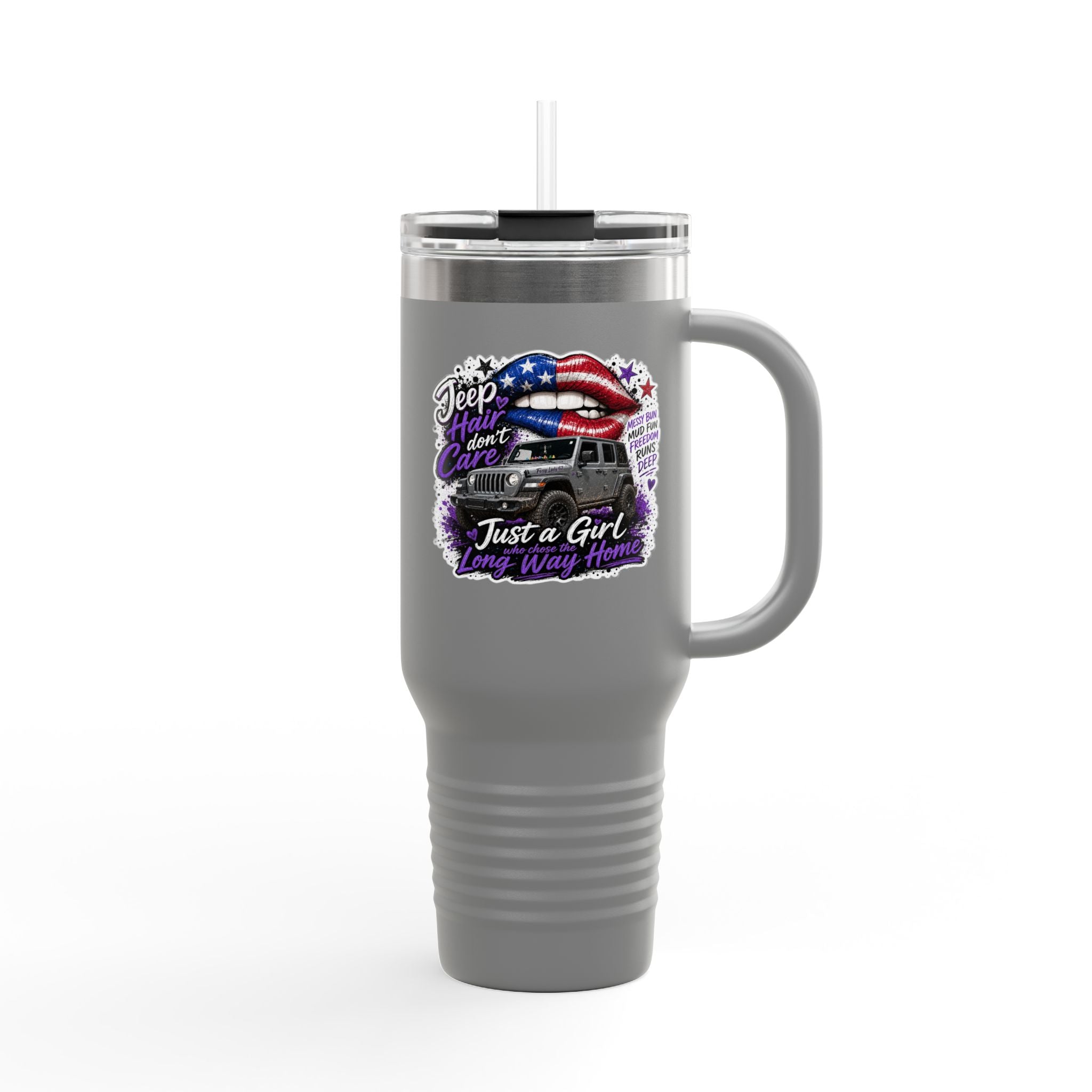 "Jeep Hair Don't Care" Patriotic Truck Design — 40oz Insulated Travel Mug
