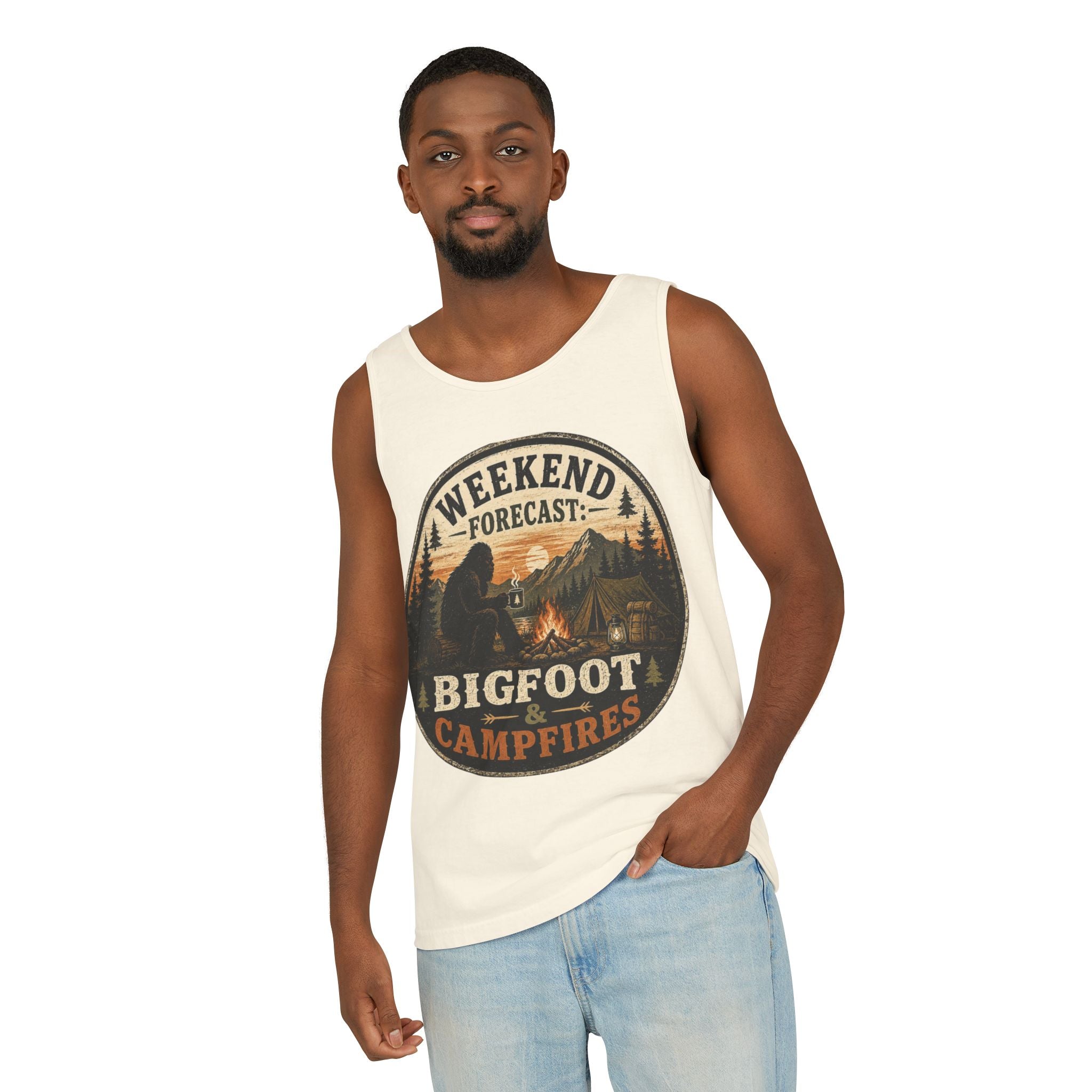 Bigfoot & Campfires Tank Top — "Weekend Forecast: Bigfoot & Campfires" Outdoor Camping Tank