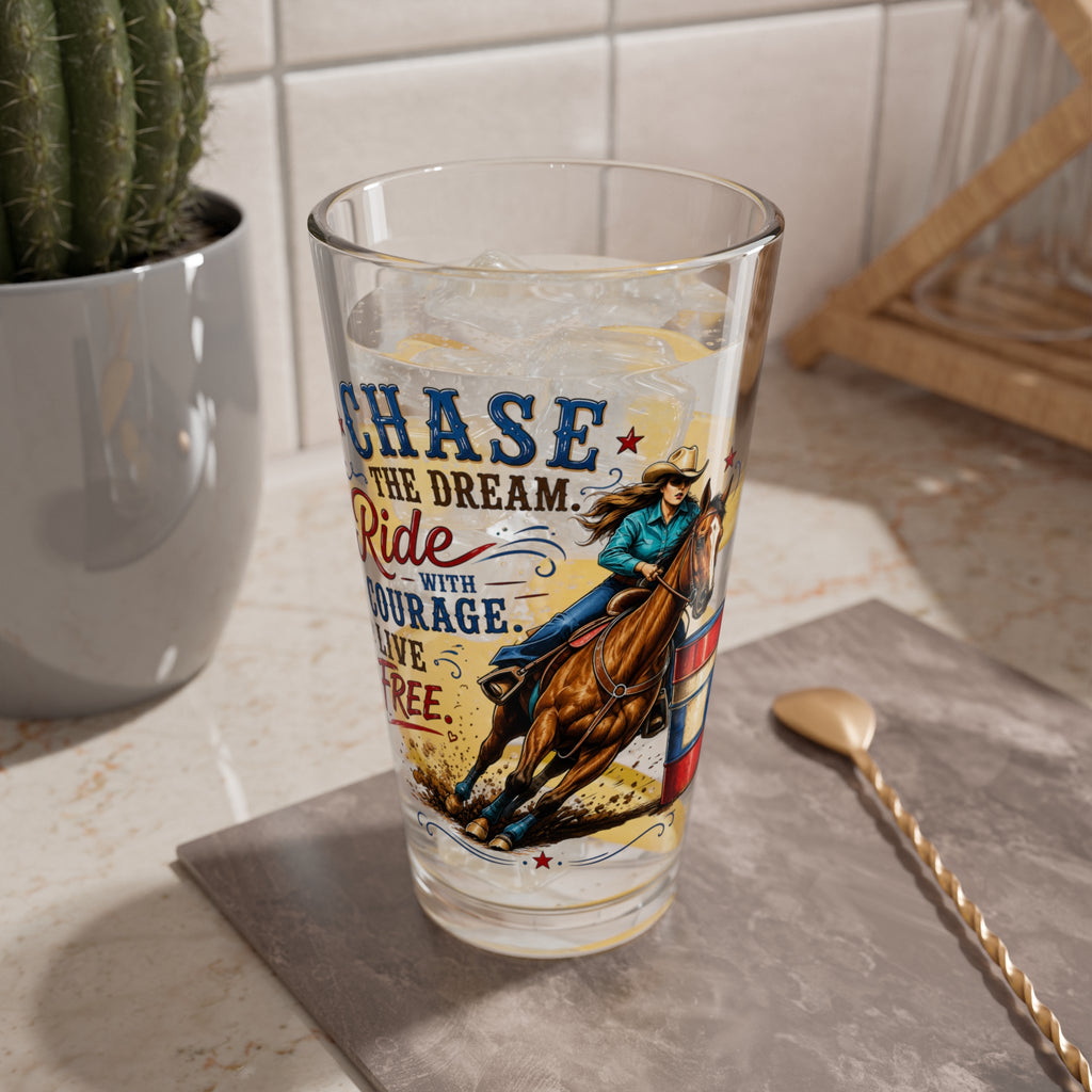 'Chase the Dream, Ride with Courage, Live Free' Rodeo Horse Design (16 oz) — Mixing Glass