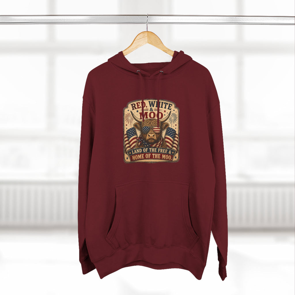 Red, White, & Moo Highland Cow Three-Panel Fleece Hoodie