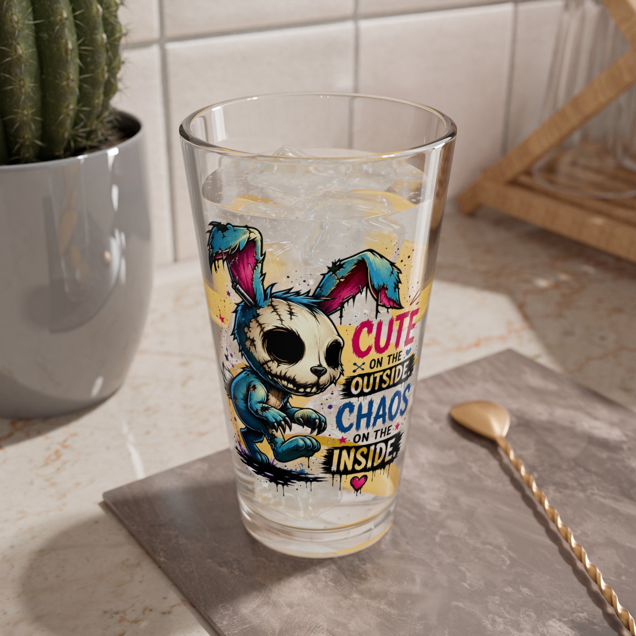 "Cute on the Outside, Chaos on the Inside" Skull Bunny Design — 16oz Mixing Glass