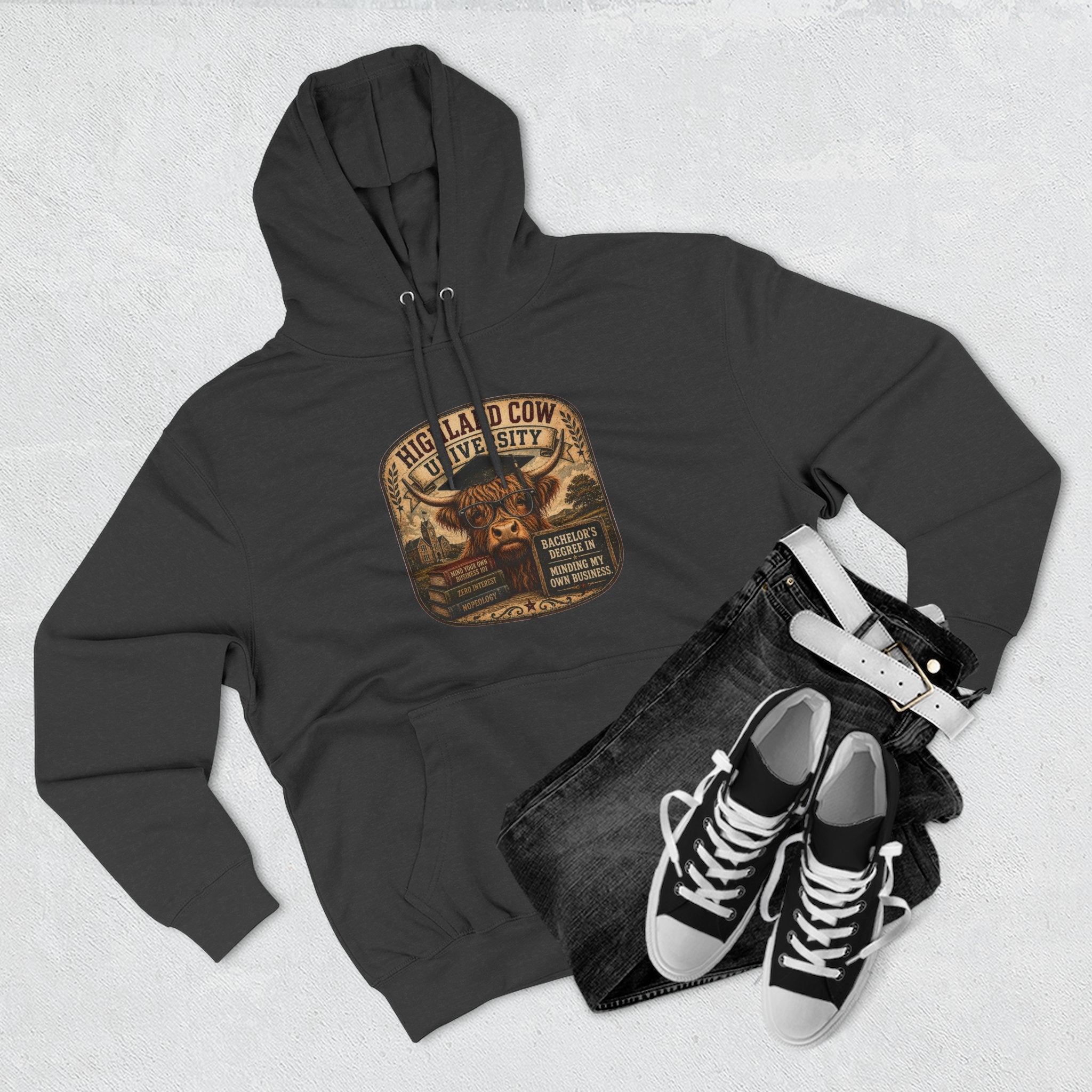 Highland Cow University Three-Panel Fleece Hoodie