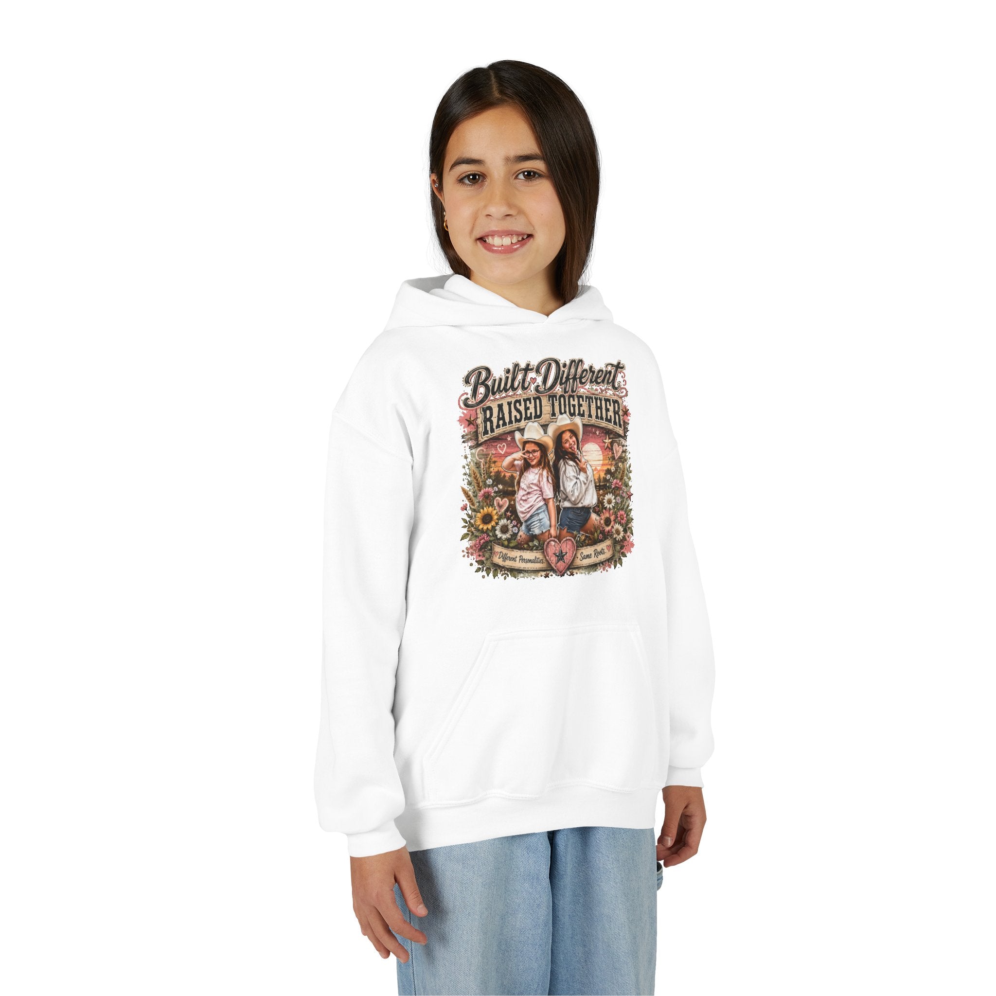Youth Hoodie — “Built Different, Raised Together” Vintage Farm Kids Pullover