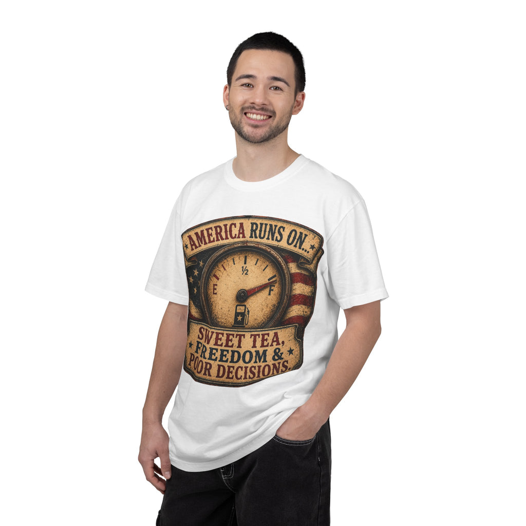 America Runs On T-Shirt — "Sweet Tea, Freedom & Poor Decisions" Vintage Patriotic Tee