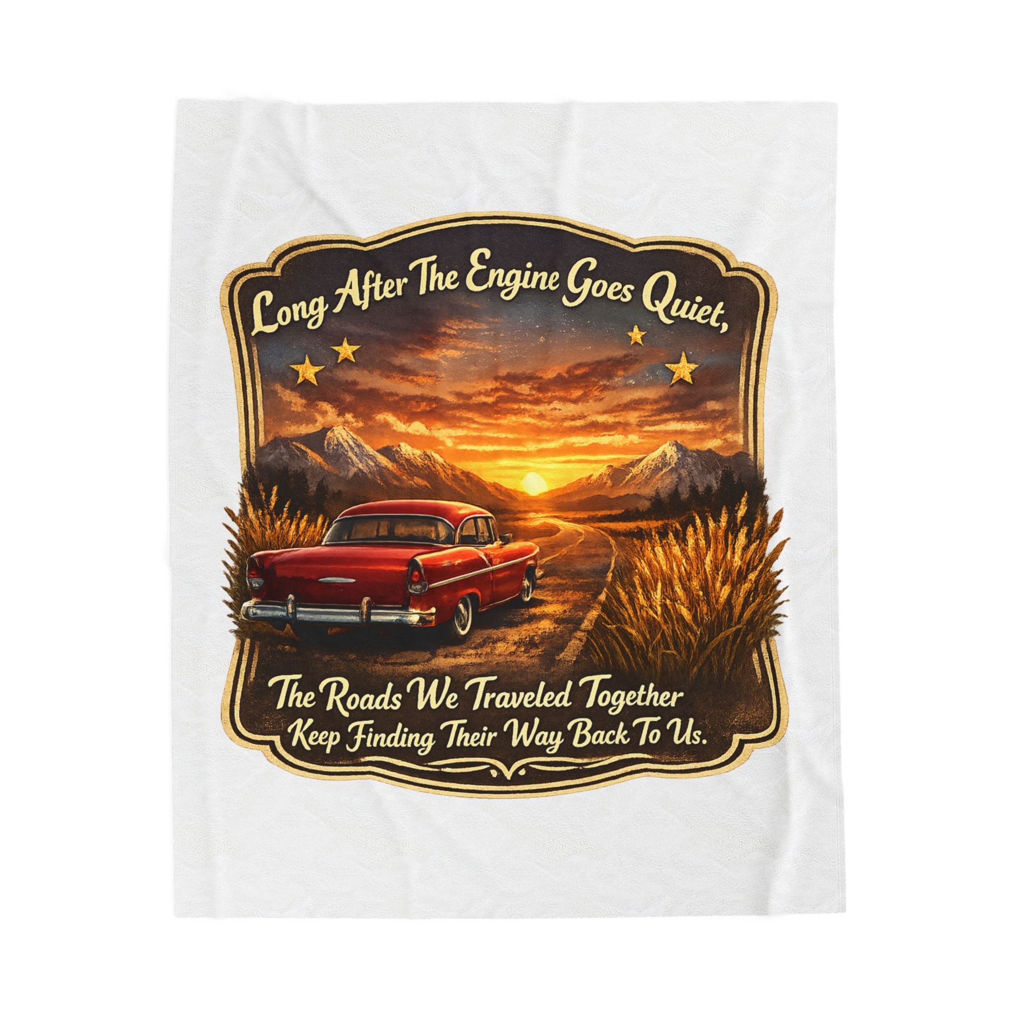 Vintage Car Sunset Throw with 'Long After The Engine Goes Quiet' Quote — Velveteen Plush Blanket