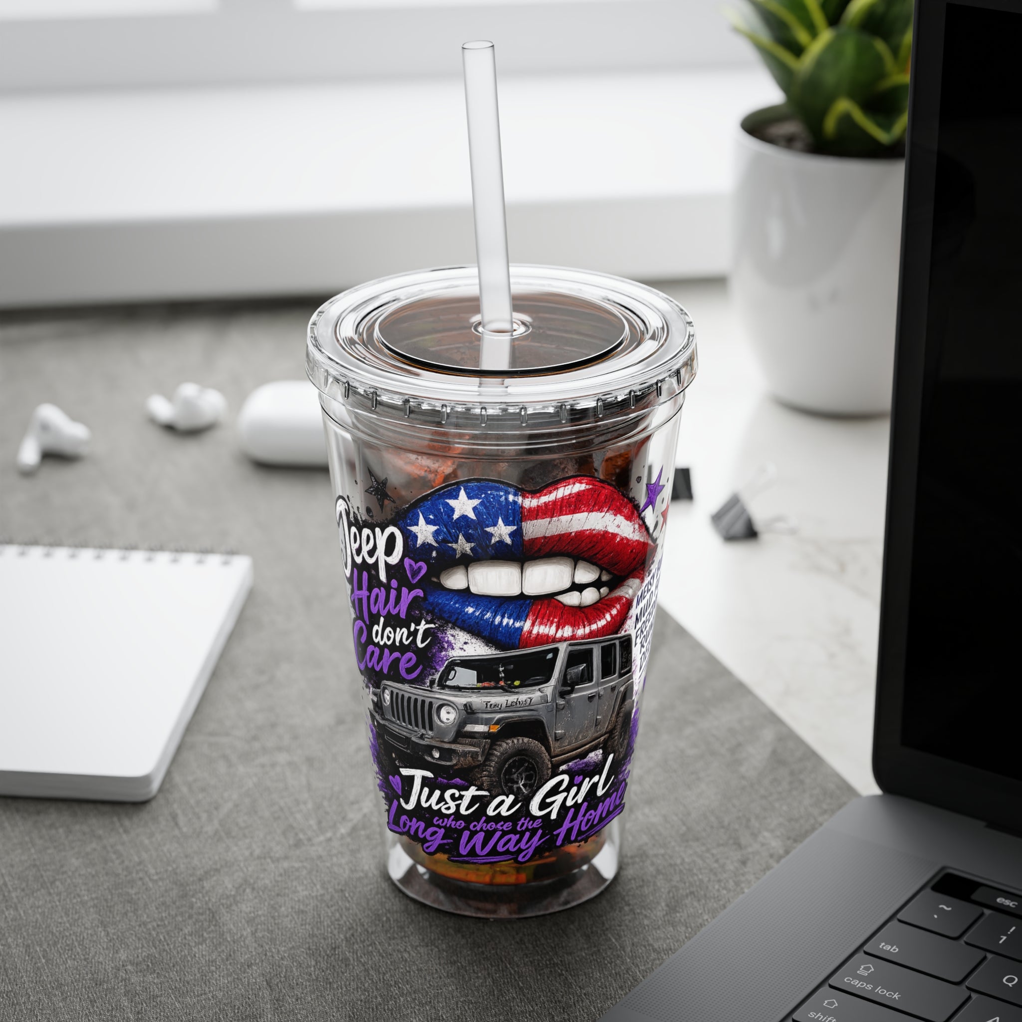 Jeep Girl 16oz Tumbler with Straw — American Flag Lips ‘Jeep Hair Don’t Care’ Design