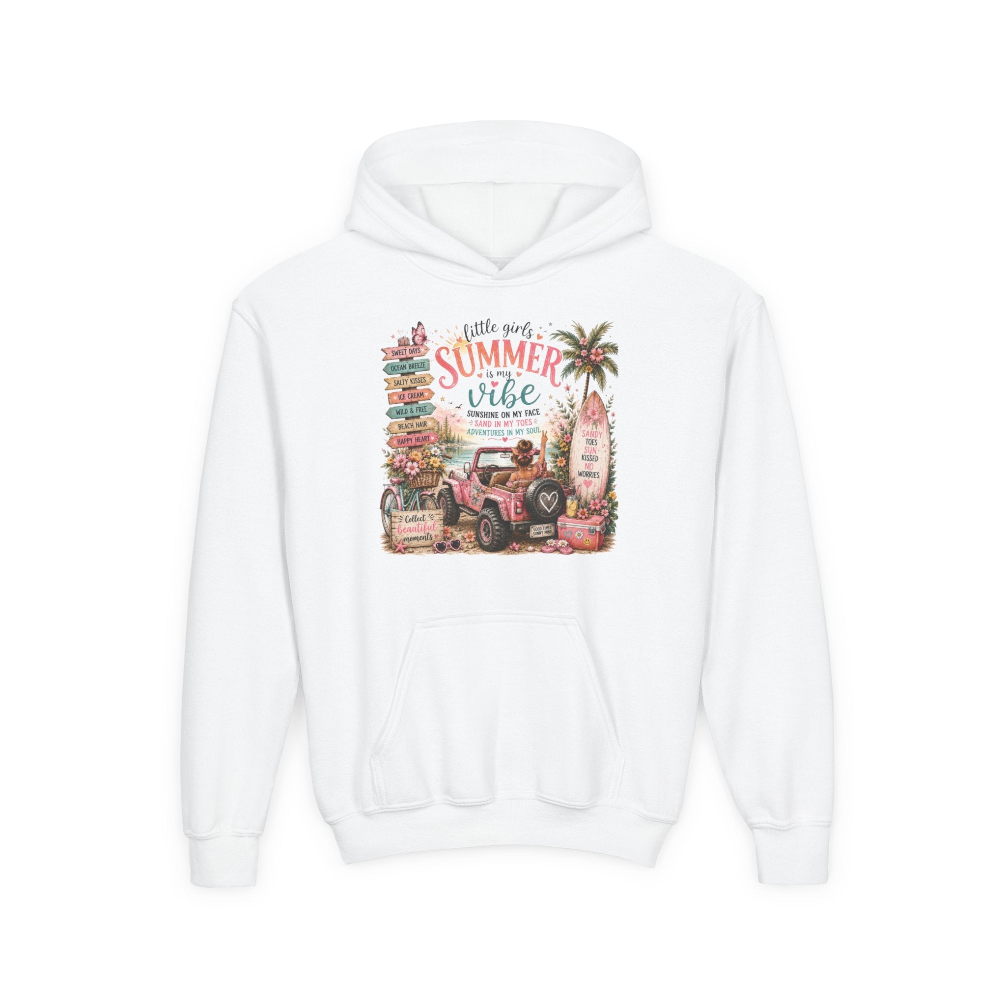 "Hello Good Ol' Summer Vibe" Beach Jeep Design – Youth Summer Vibes Hoodie