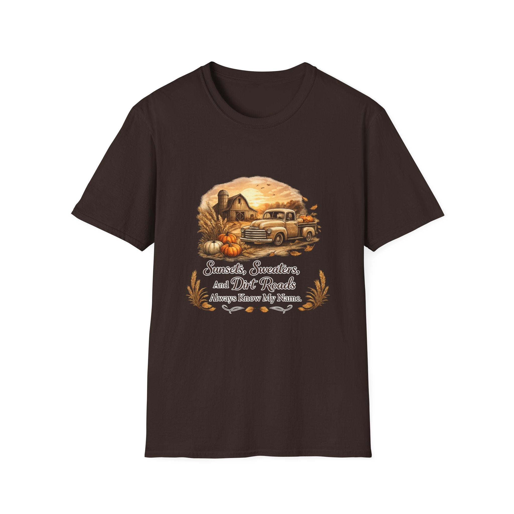 'Sunsets, Sweaters, and Dirt Roads' Vintage Autumn Tee — Fall Farm Truck T‑Shirt
