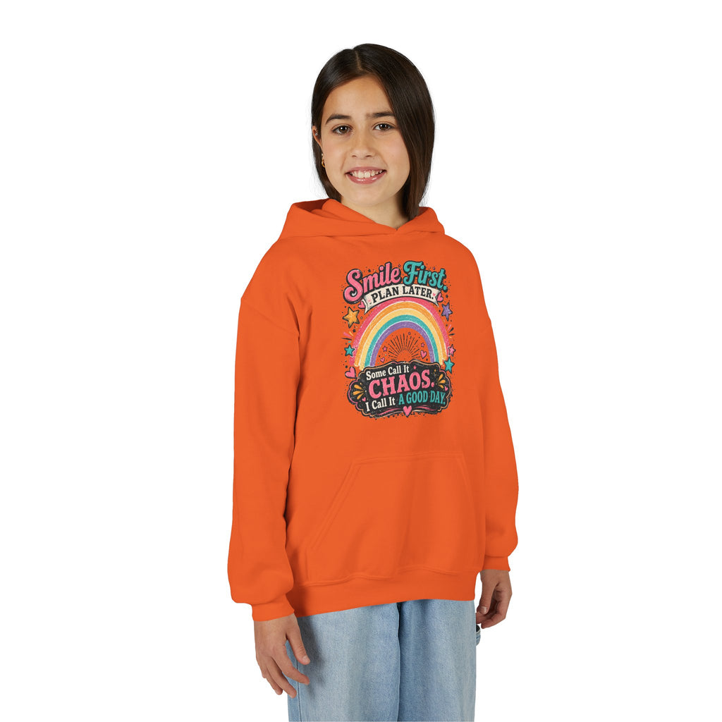 "Smile First, Plan Later" Rainbow Chaos Quote Pullover - Youth Hoodie -