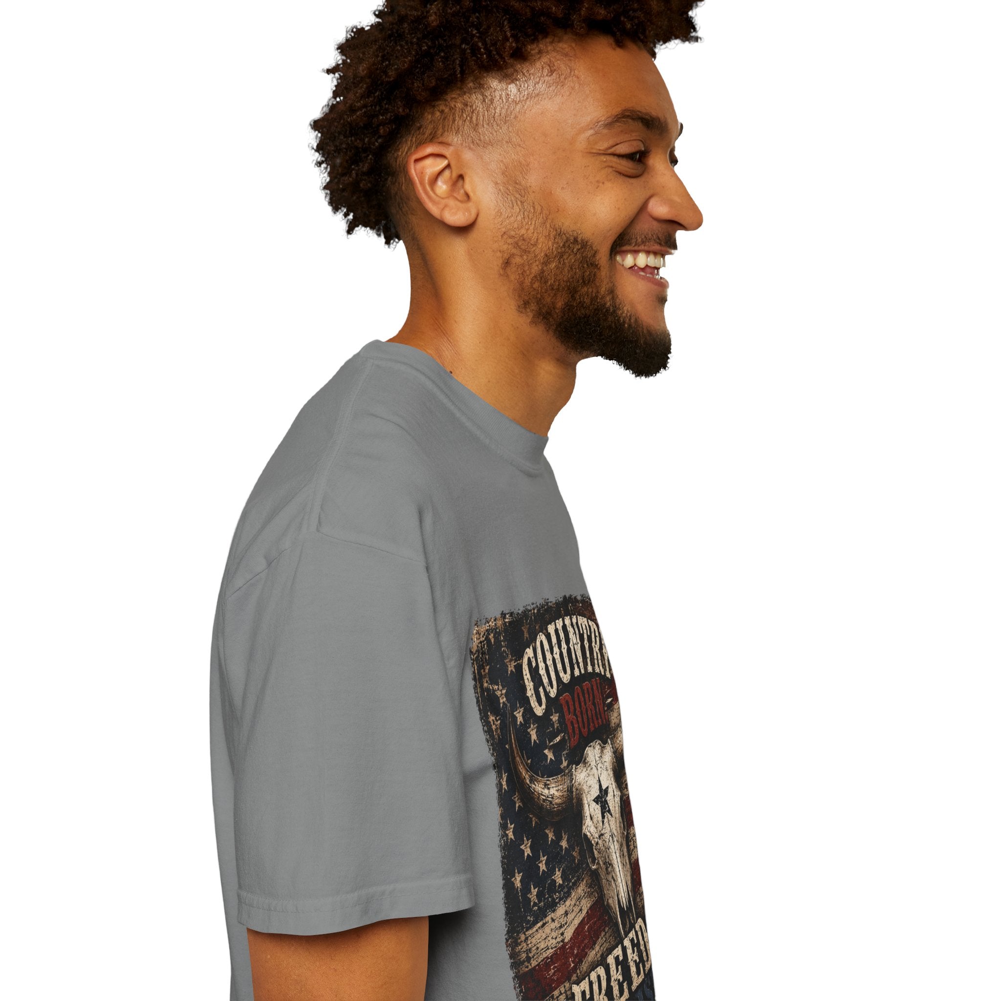 Country Born Freedom Raised T-Shirt — American Flag Steer Skull Graphic