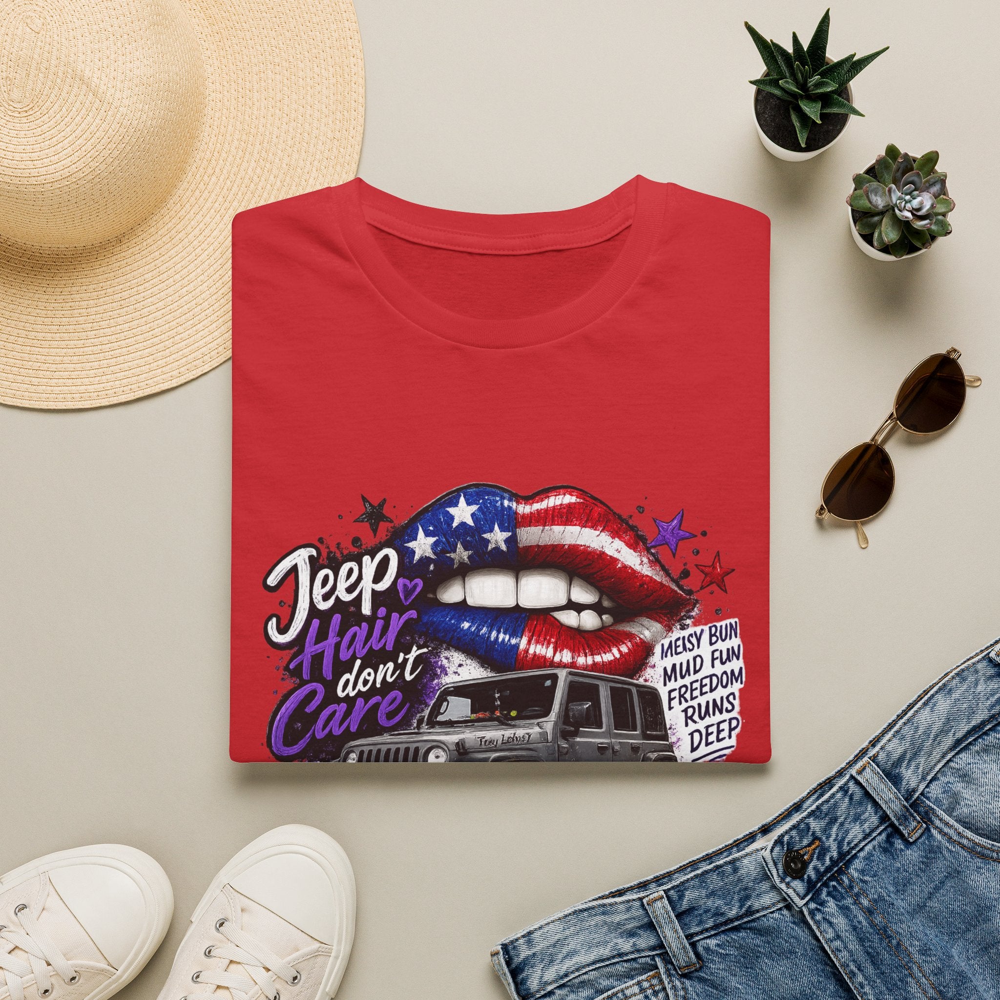 Jeep Hair Don't Care T-Shirt — American Flag Lips Off-Road Truck Tee