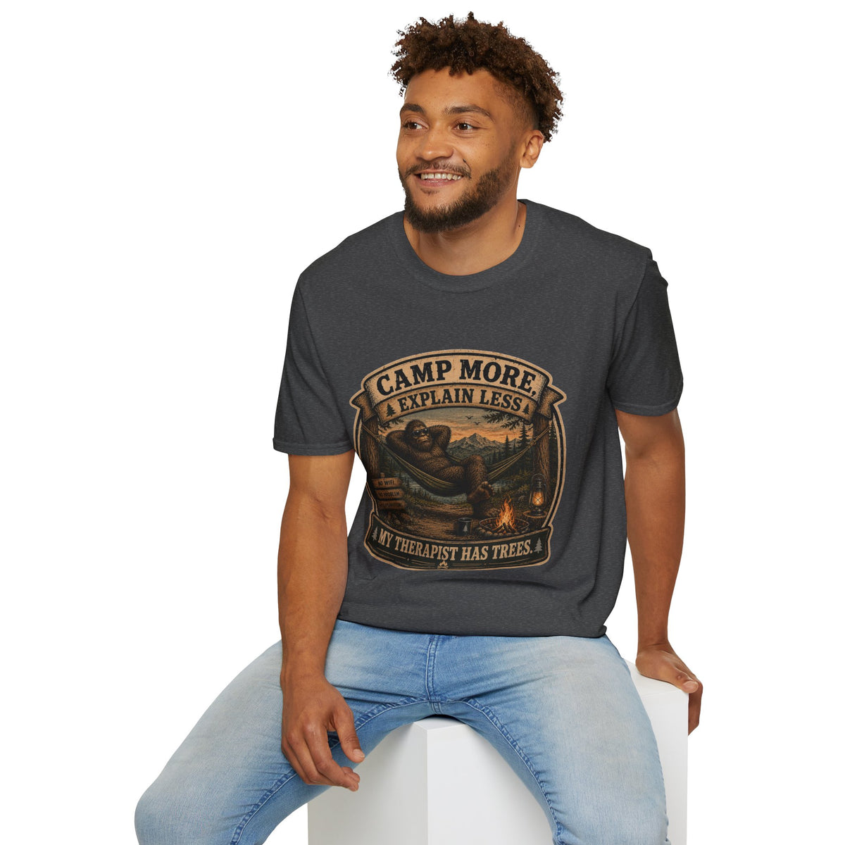 “Camp More, Explain Less” Vintage Camping Graphic Tee — T-Shirt