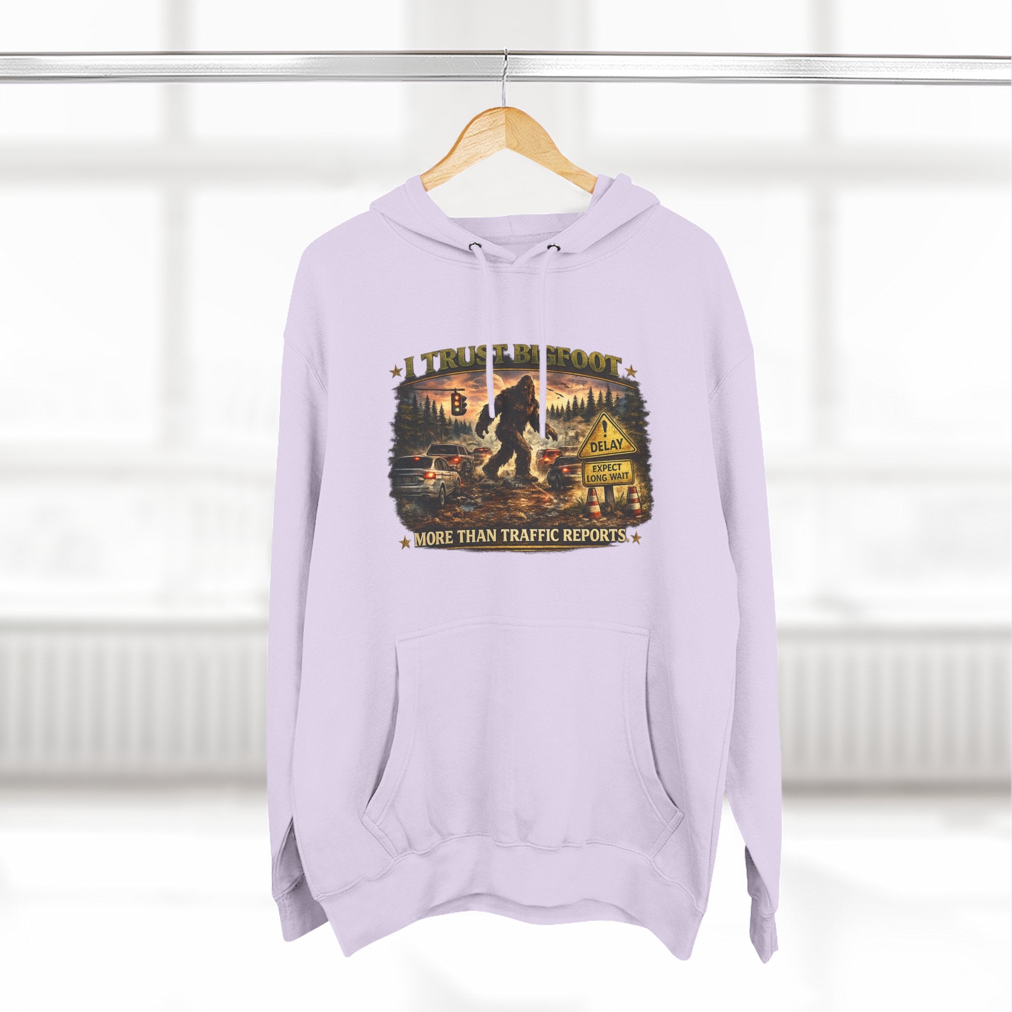 Bigfoot Forest Hoodie - "More Than Traffic Reports" Retro Sasquatch Graphic Hoodie