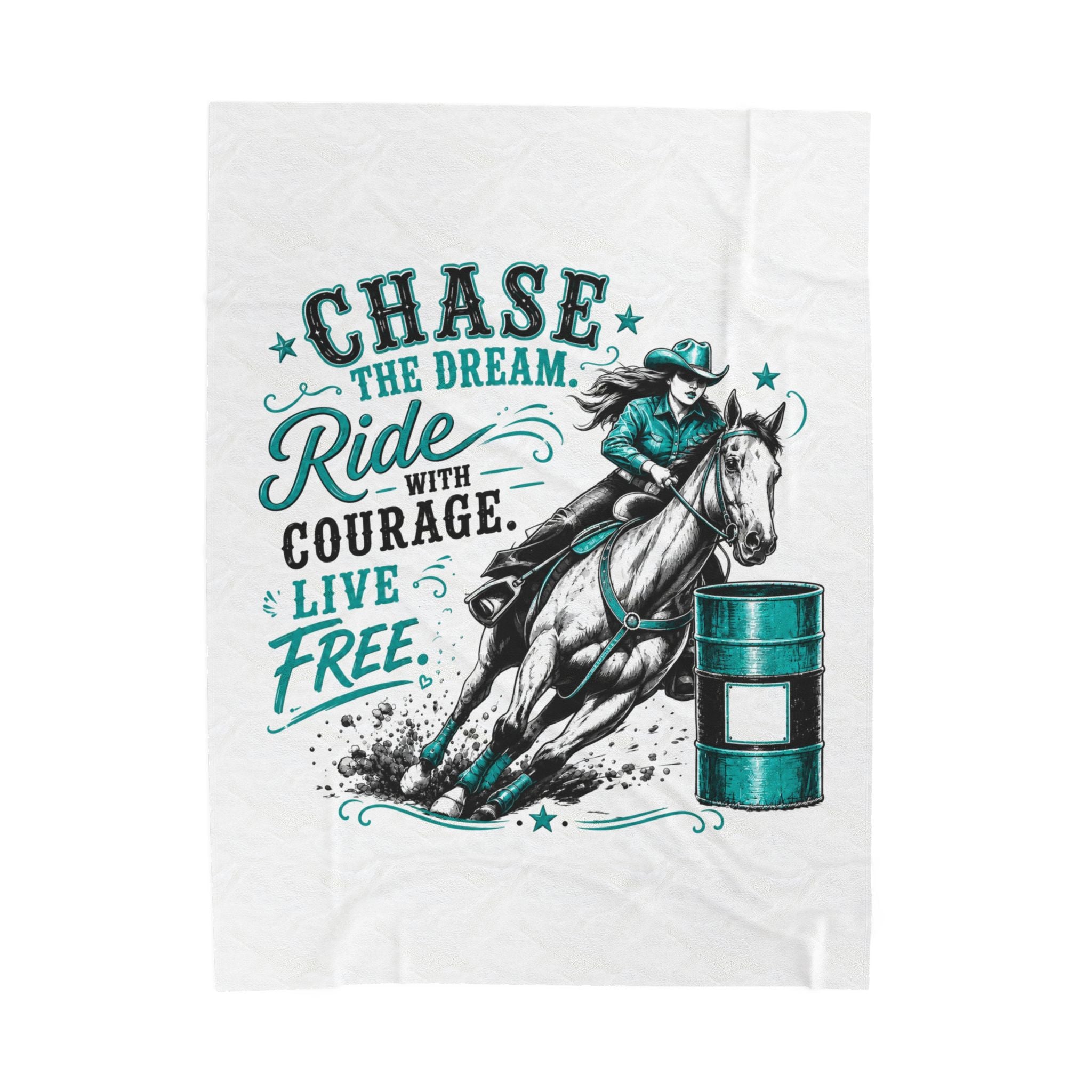 "Chase the Dream: Ride with Courage, Live Free" (Teal) Barrel Racing Horse Throw — Velveteen Plush Blanket