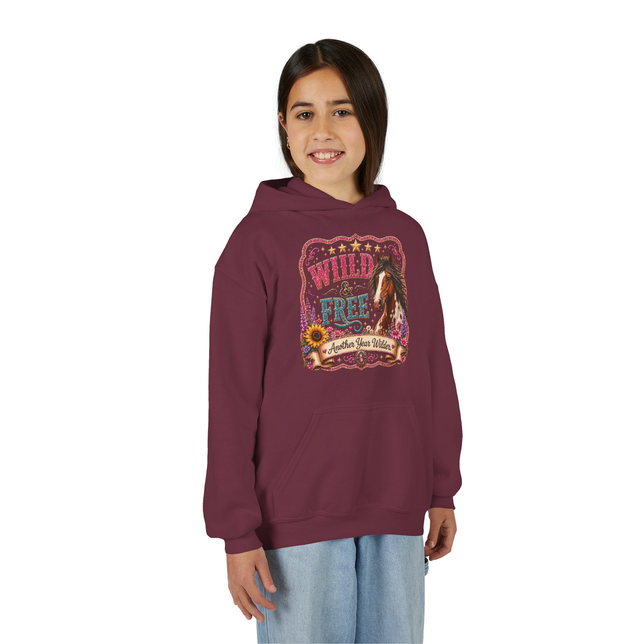Youth Hoodie — "Wild & Free" Horse Graphic Pullover