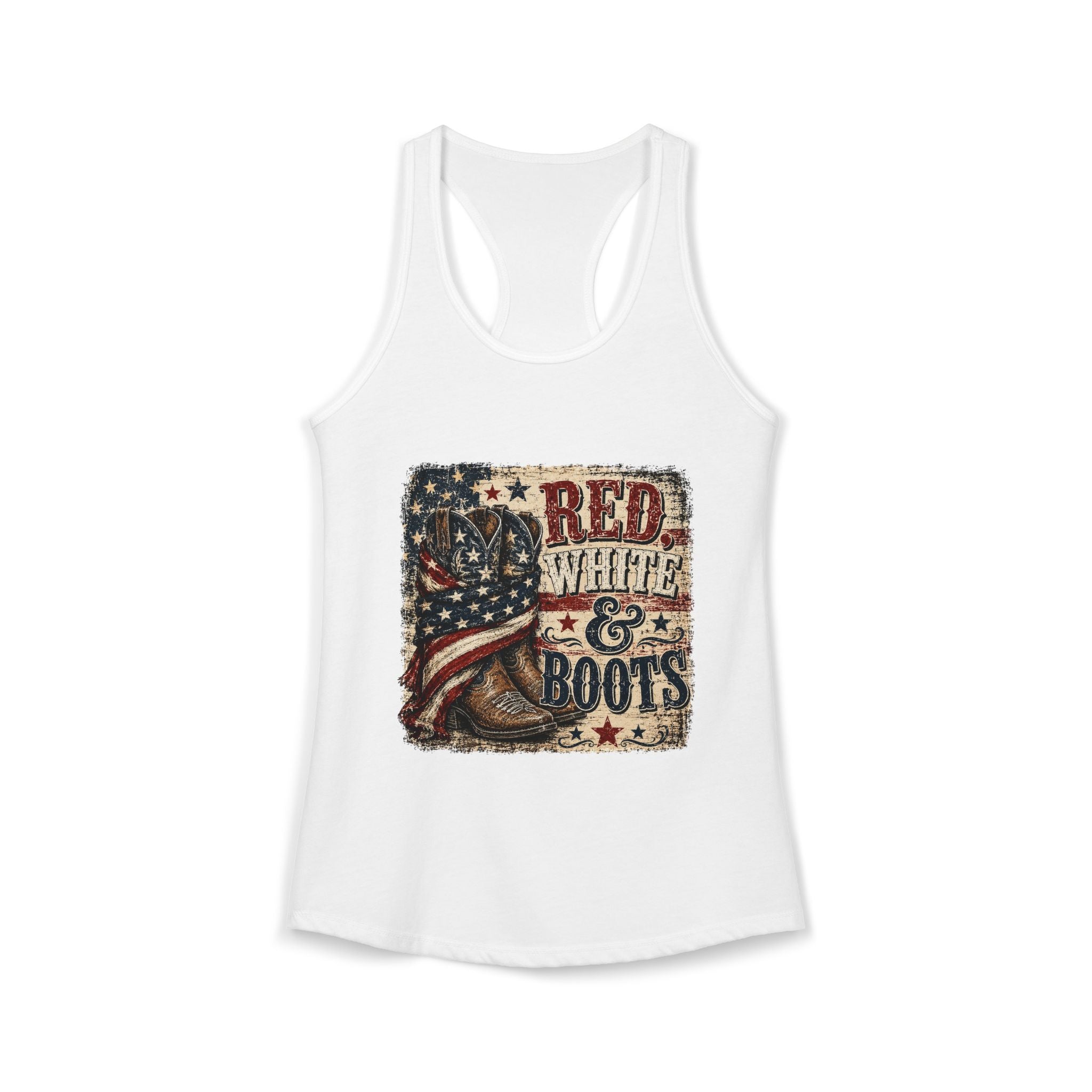 Patriotic "Red White & Boots" Women's Ideal Racerback Tank— American Flag Cowboy Boot Tank