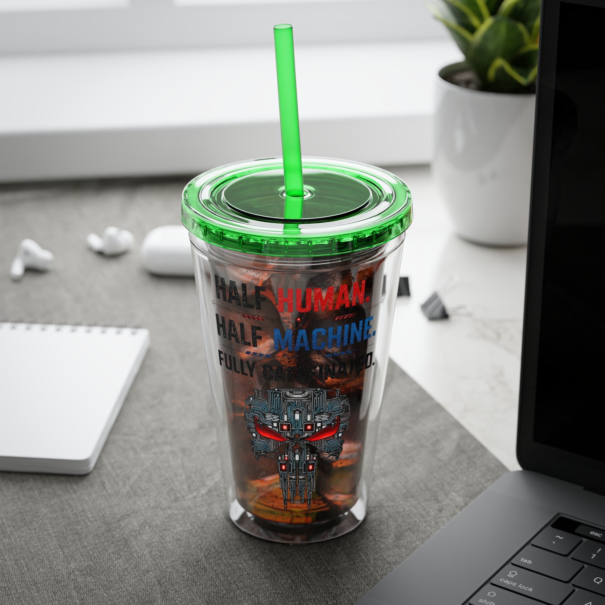 Half Human. Half Machine. Fully Caffeinated Sunsplash Tumbler with Straw, 16oz