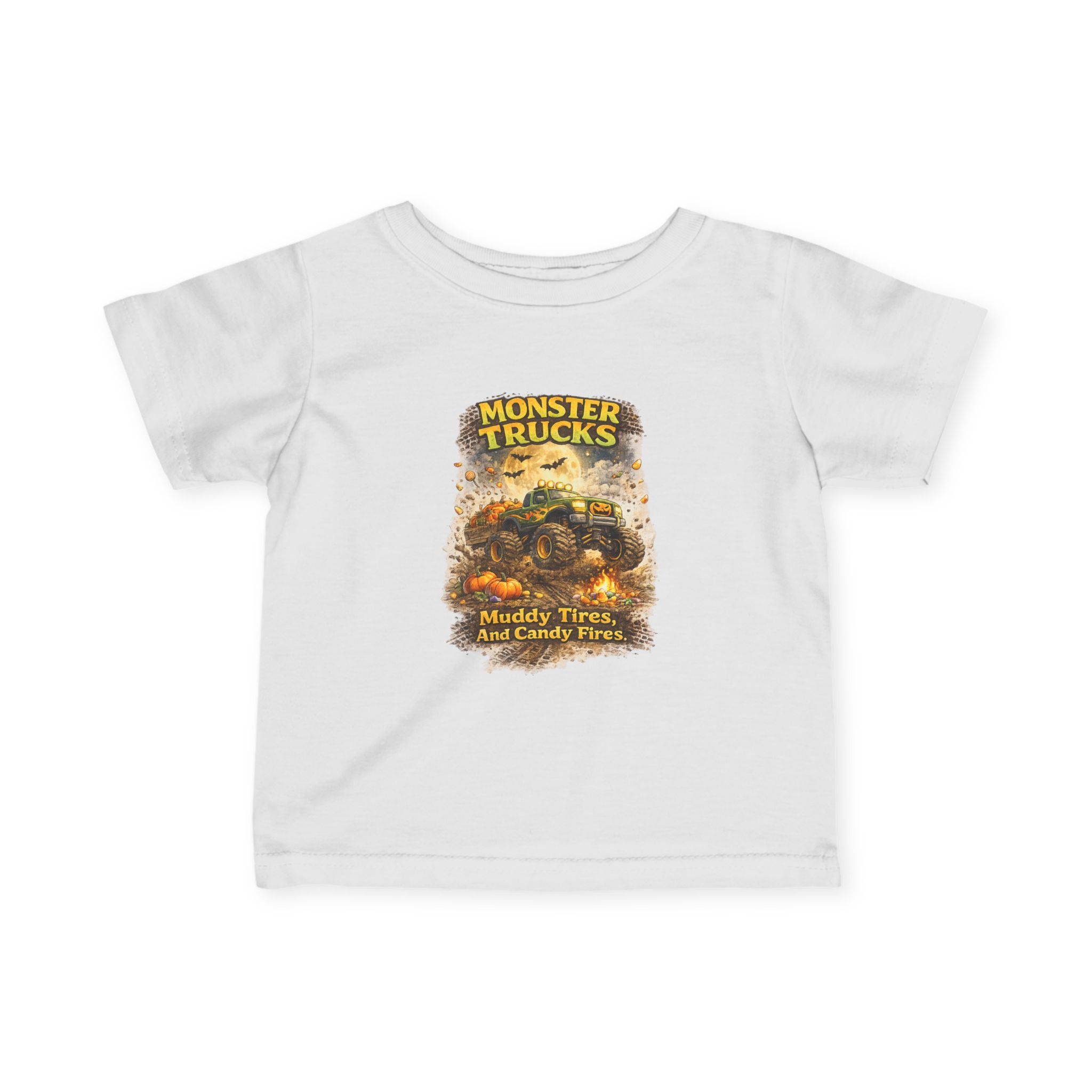 "Monster Trucks: Muddy Tires and Candy Flies" Cute Graphic Baby Shirt — Infant Tee