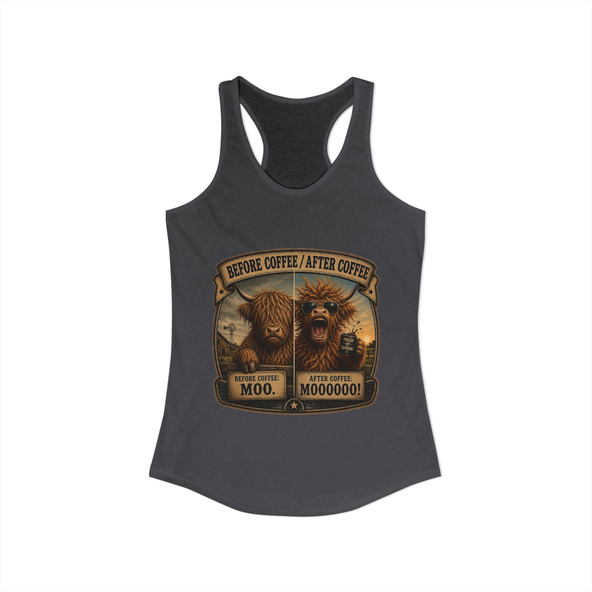 Before Coffee/After Coffee Highland Cow Women's Ideal Racerback Tank