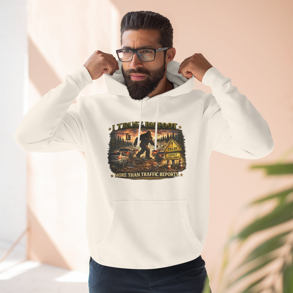 Bigfoot Forest Hoodie - "More Than Traffic Reports" Retro Sasquatch Graphic Hoodie