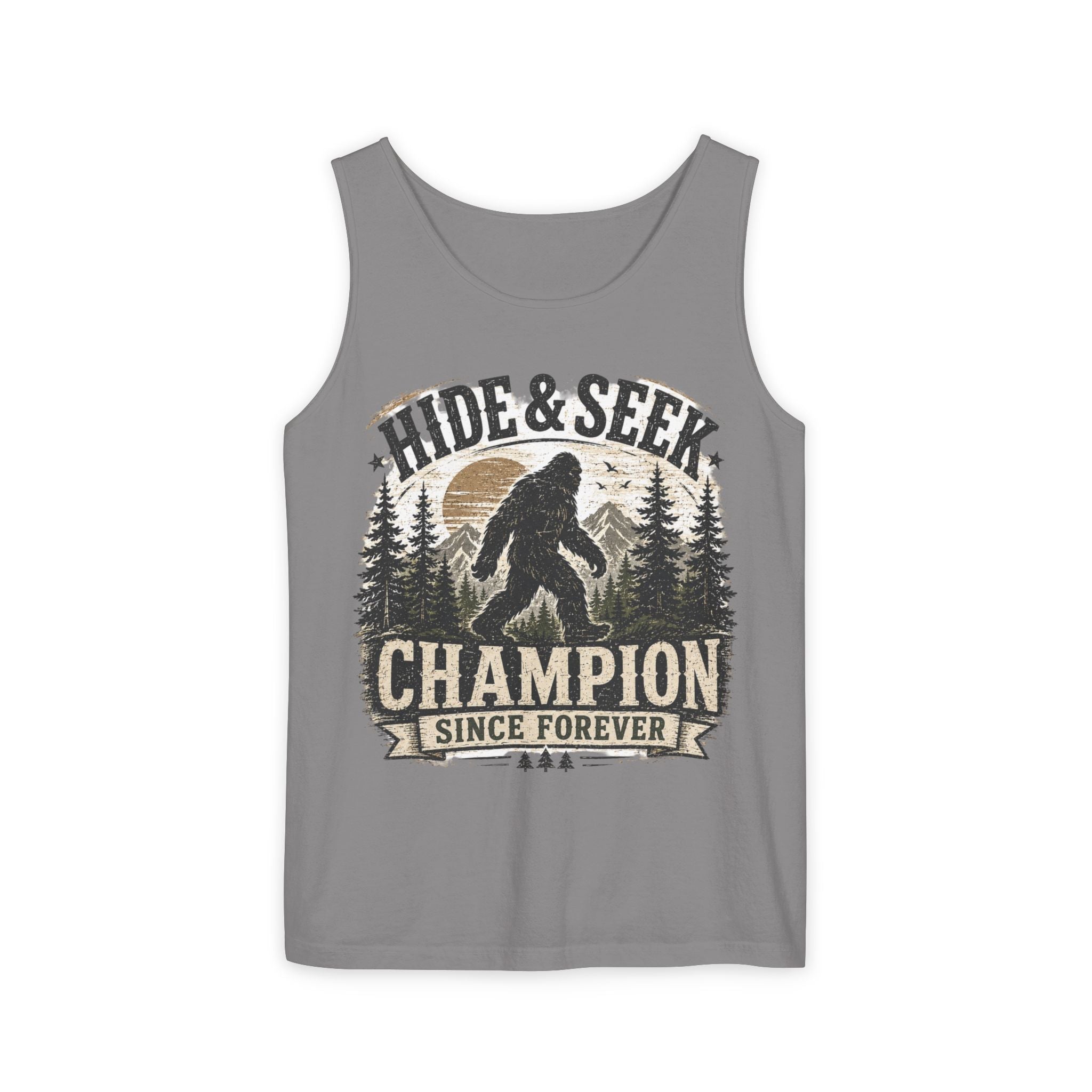 Hide & Seek Champion Tank Top — Funny Bigfoot Sasquatch Graphic Tank