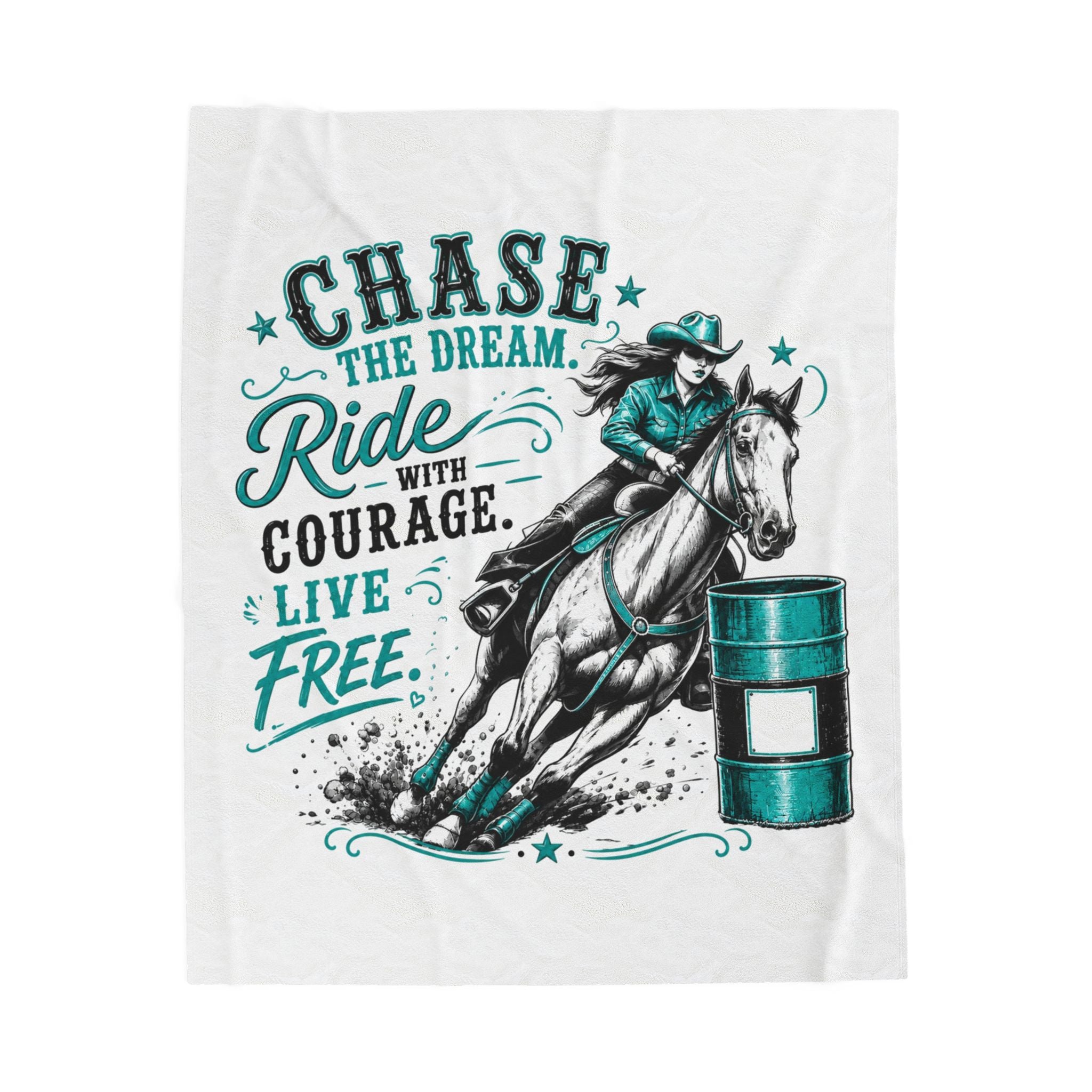 "Chase the Dream: Ride with Courage, Live Free" (Teal) Barrel Racing Horse Throw — Velveteen Plush Blanket