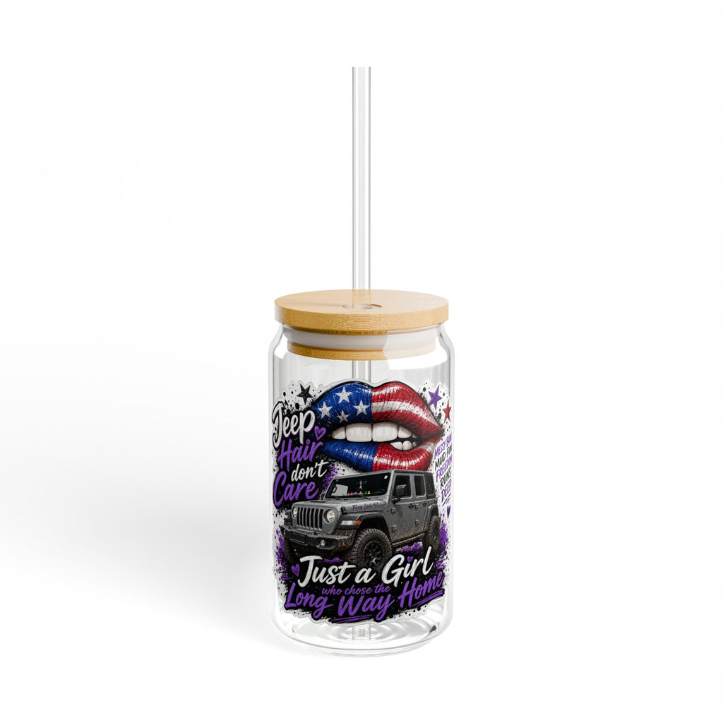 Jeep Girl 16oz Sipper Glass – 'Jeep Hair Don't Care' Patriotic Lips Design