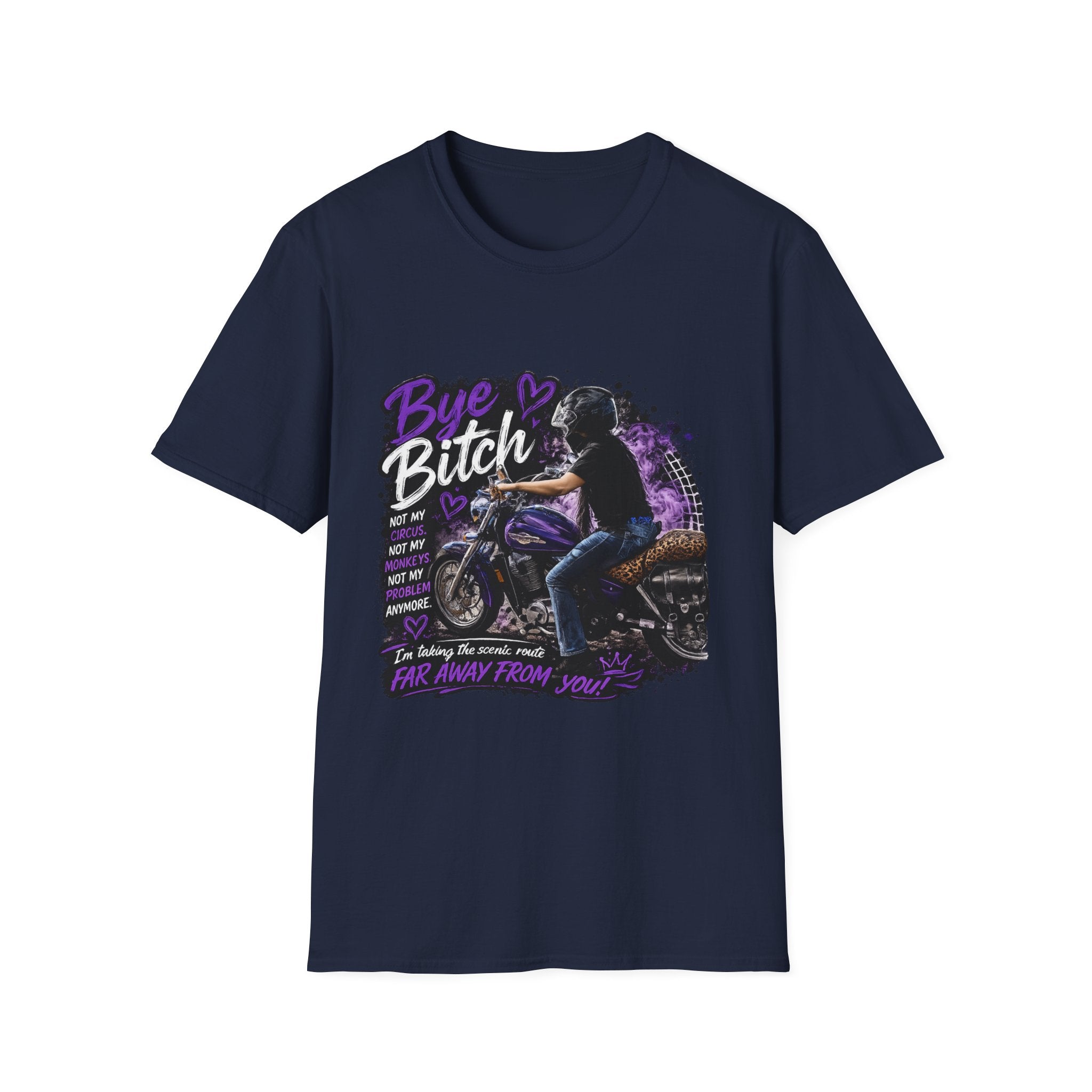 "Bue Bitch" Purple Motorcycle Design – Biker Babe Graphic T‑Shirt
