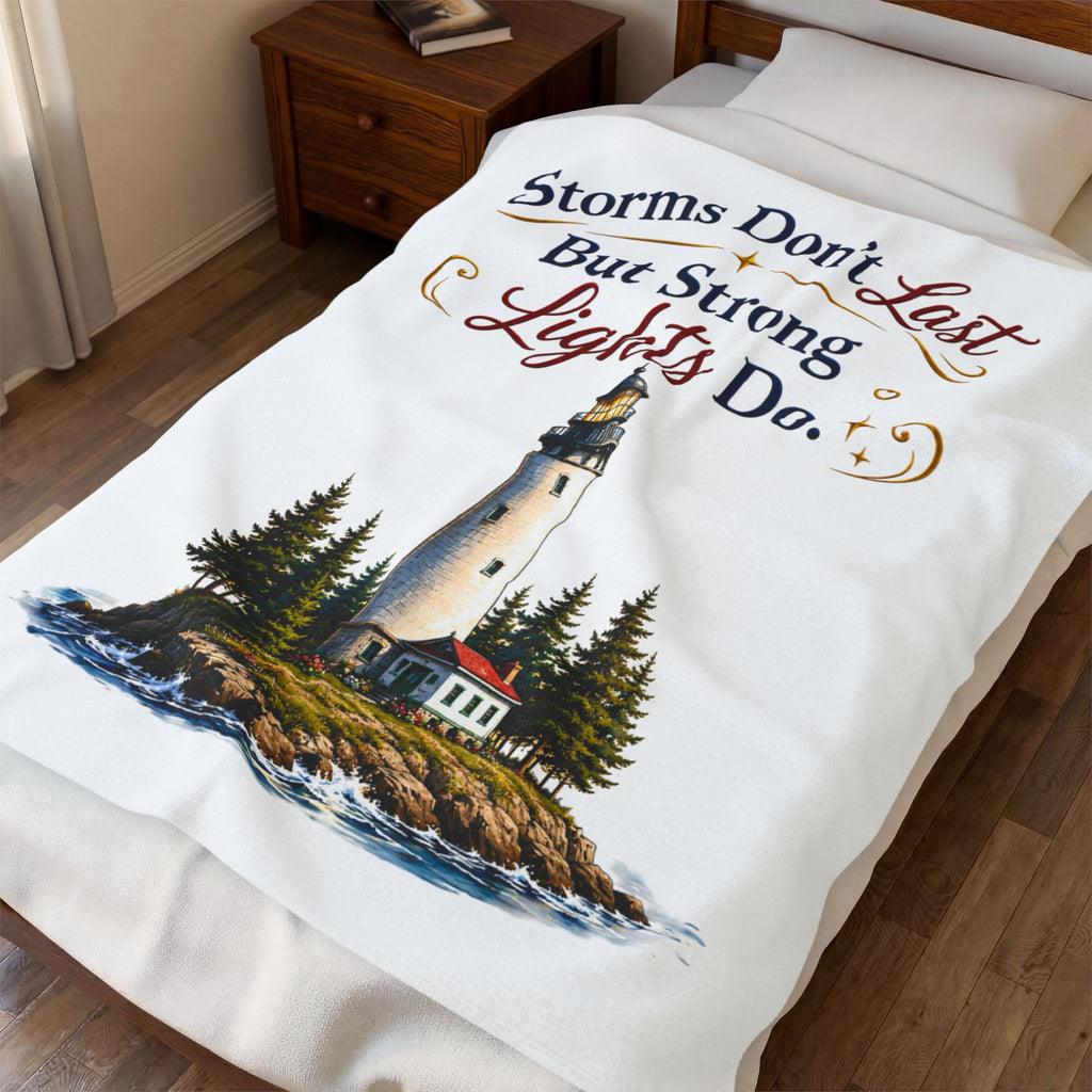 "Storms Don't Last But Strong Lights Do" Cozy Throw — Lighthouse Velveteen Plush Blanket
