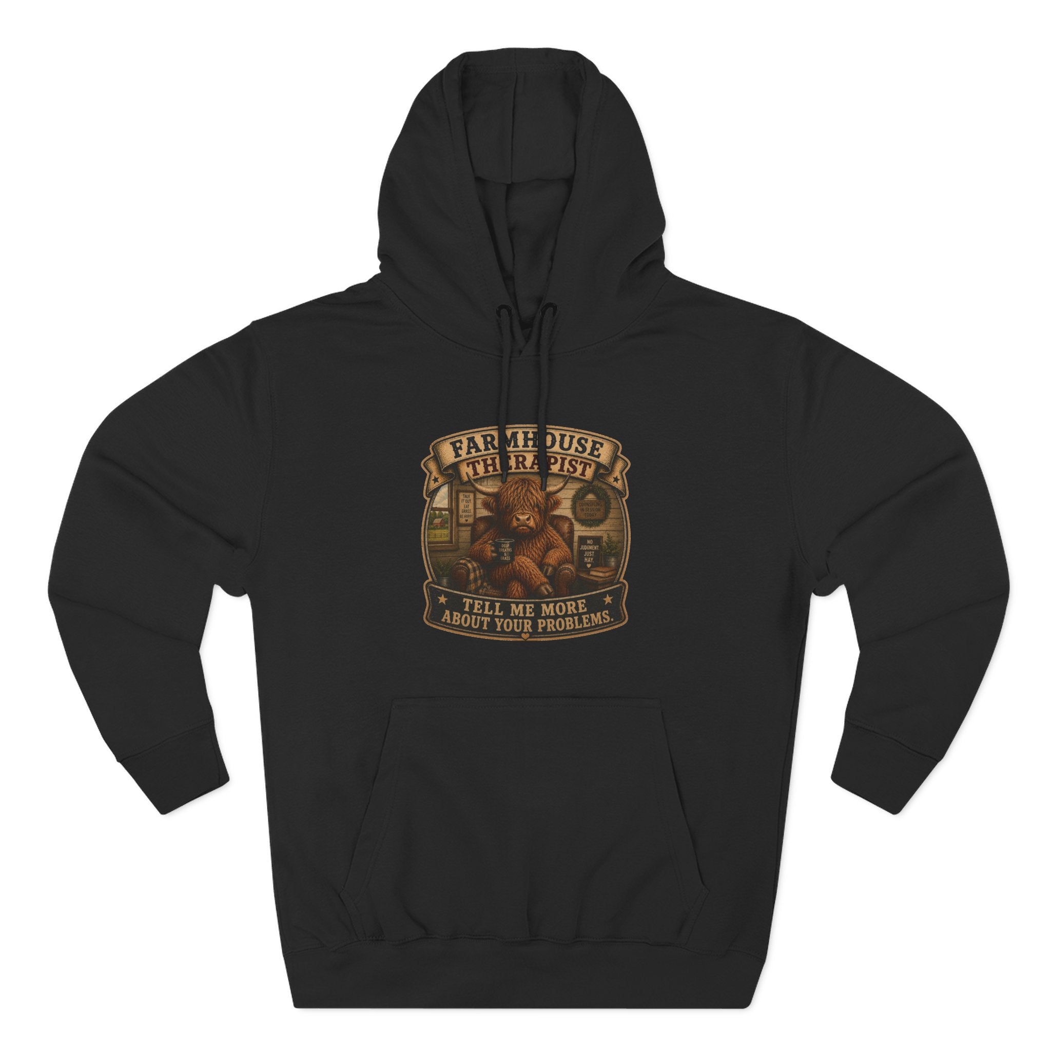 Farmhouse Therapist Highland Cow Three-Panel Fleece Hoodie