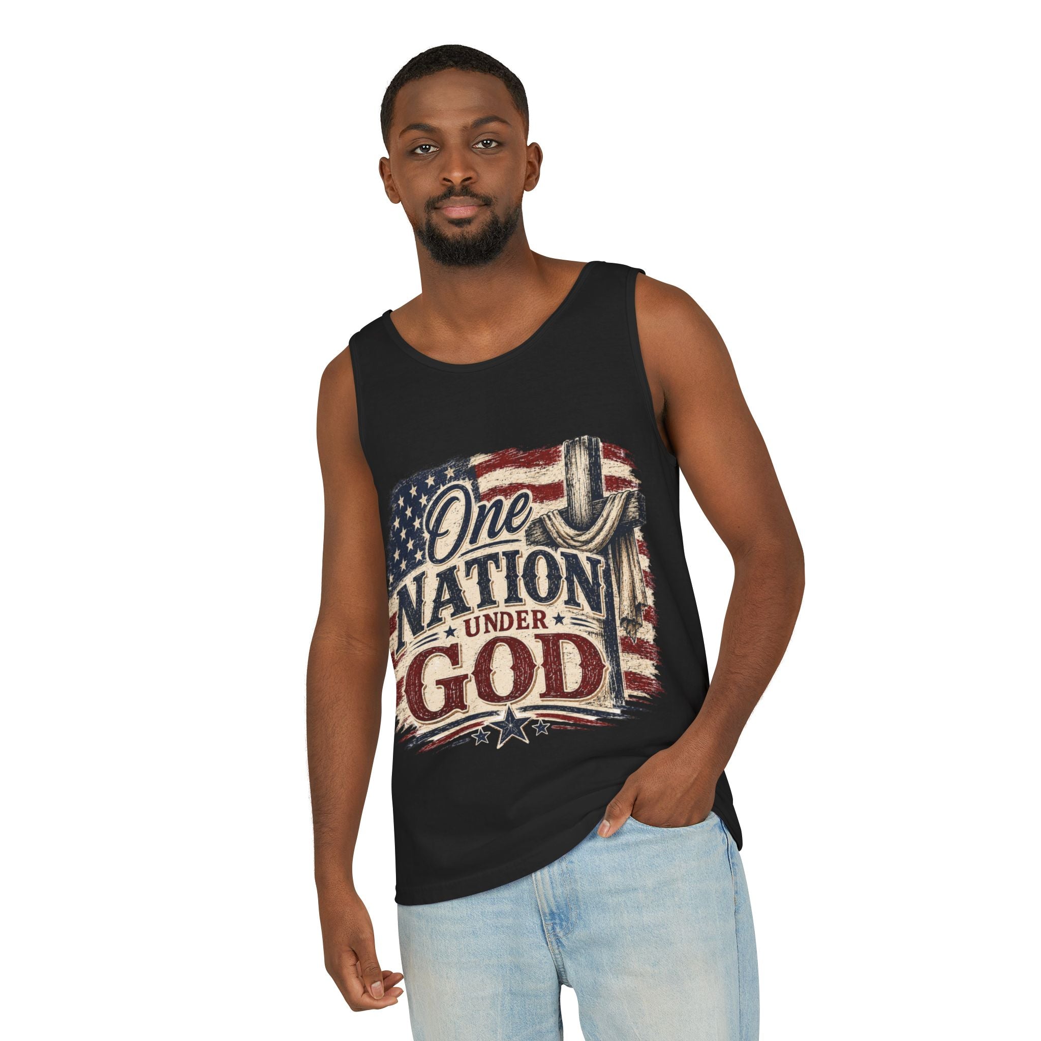 One Nation Under God Tank Top — Patriotic American Flag & Cross Sleeveless Tee