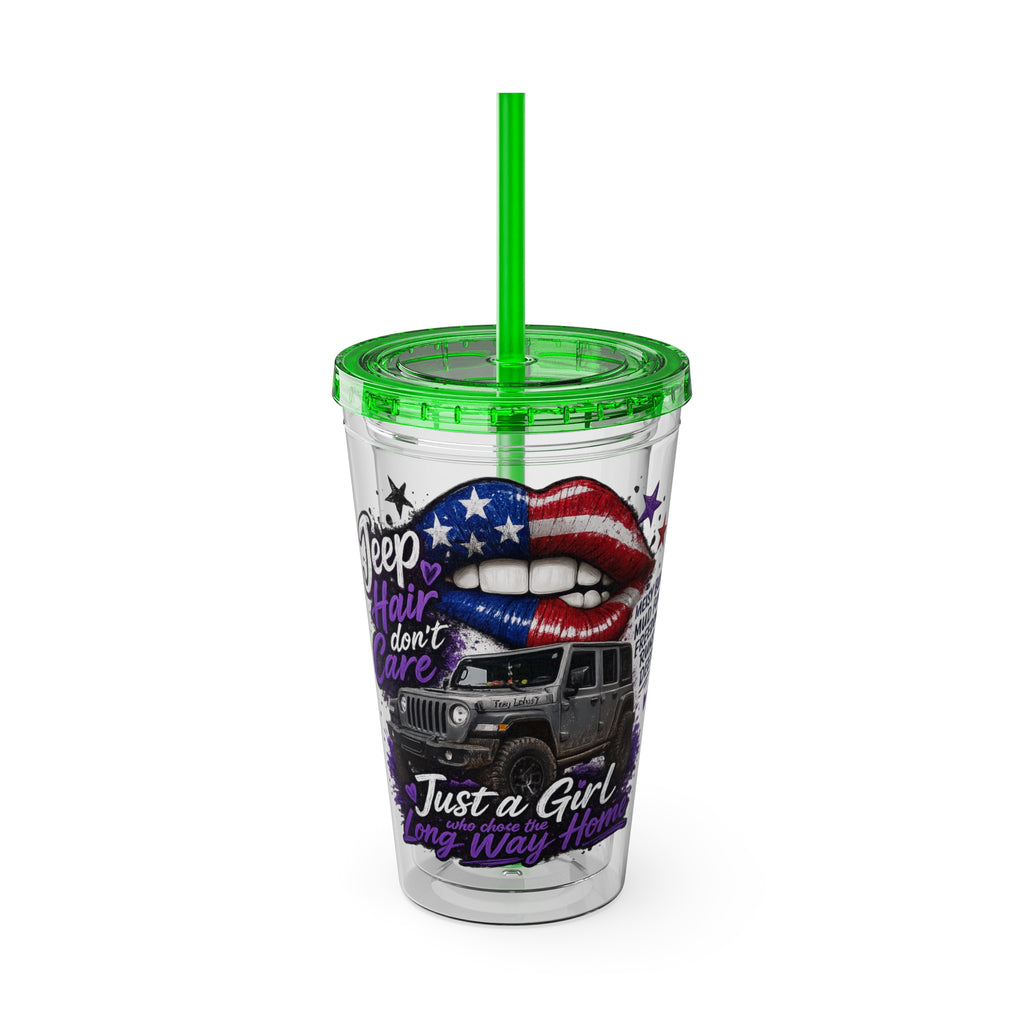 Jeep Girl 16oz Tumbler with Straw — American Flag Lips ‘Jeep Hair Don’t Care’ Design