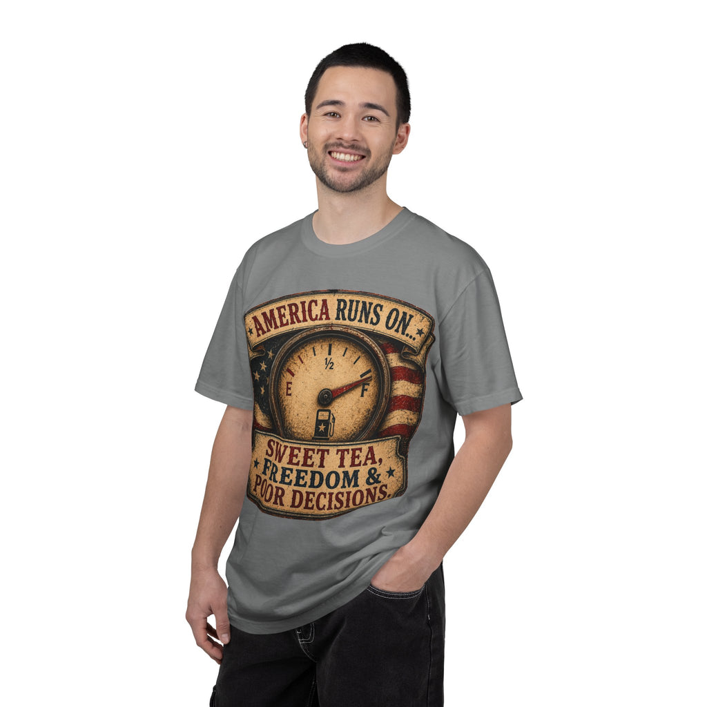 America Runs On T-Shirt — "Sweet Tea, Freedom & Poor Decisions" Vintage Patriotic Tee