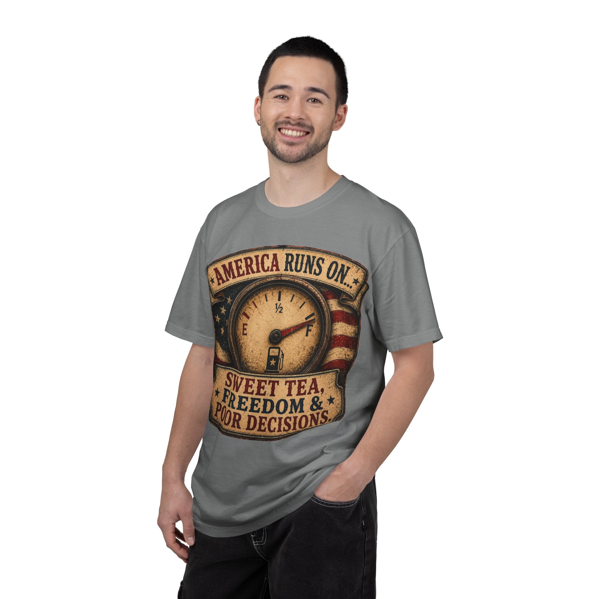 America Runs On T-Shirt — "Sweet Tea, Freedom & Poor Decisions" Vintage Patriotic Tee