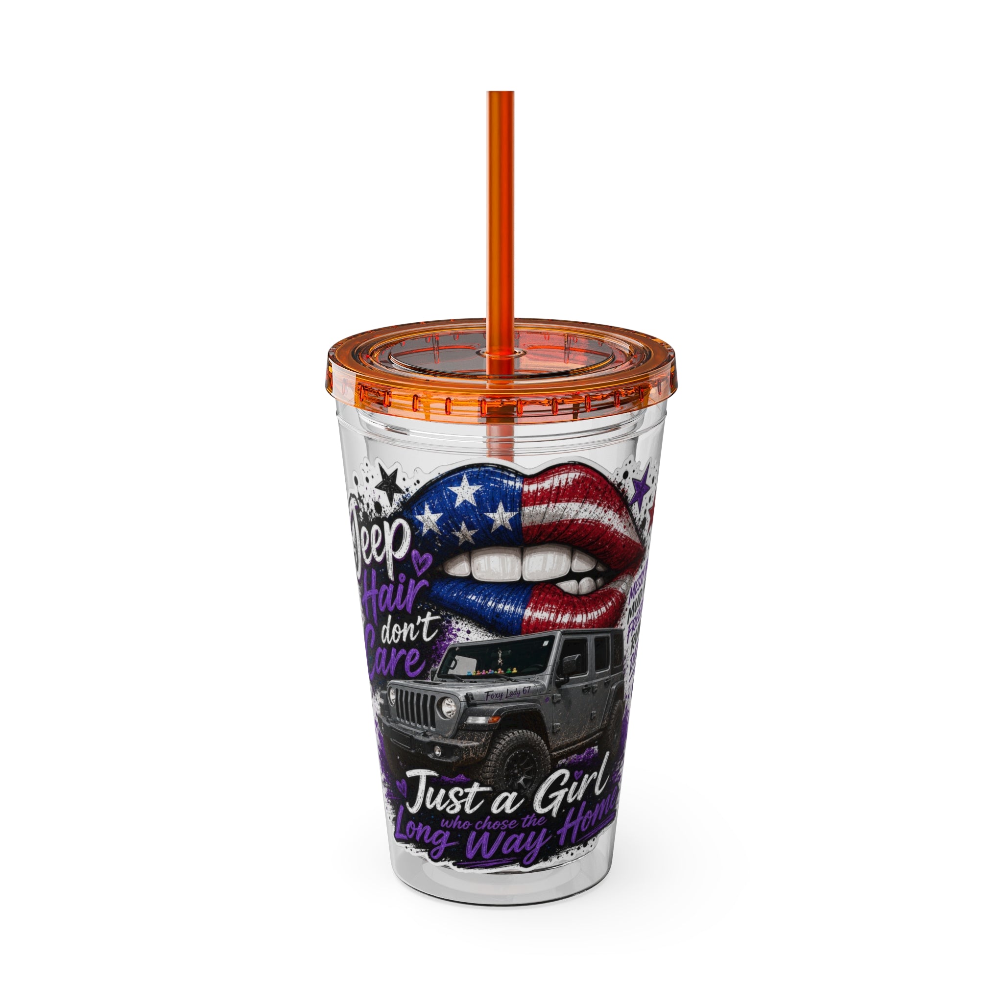 "Jeep Hair Don't Care" Patriotic Lips Design — 16oz Sunsplash Tumbler with Straw