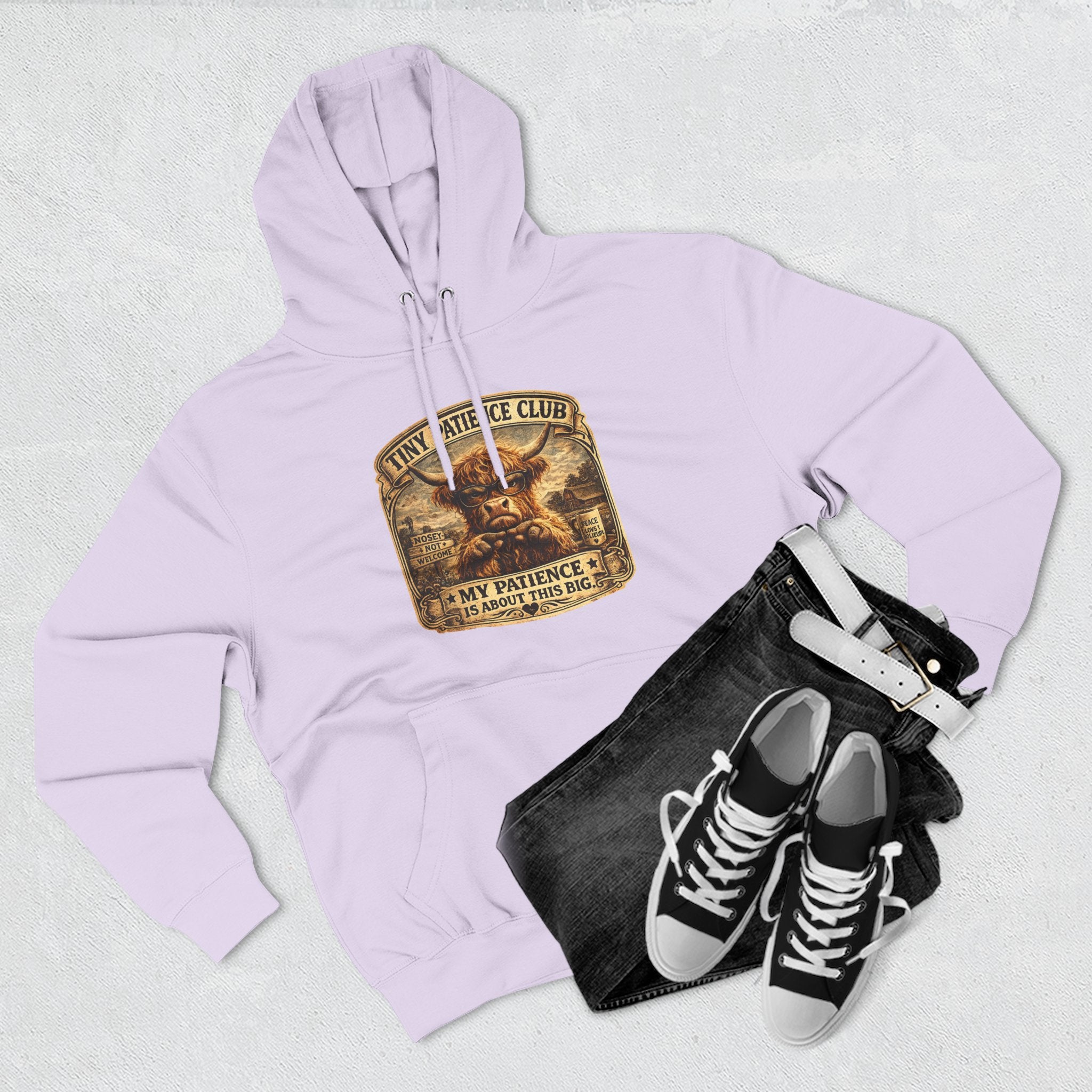 Tiny Patience Club Highland Cow Three-Panel Fleece Hoodie