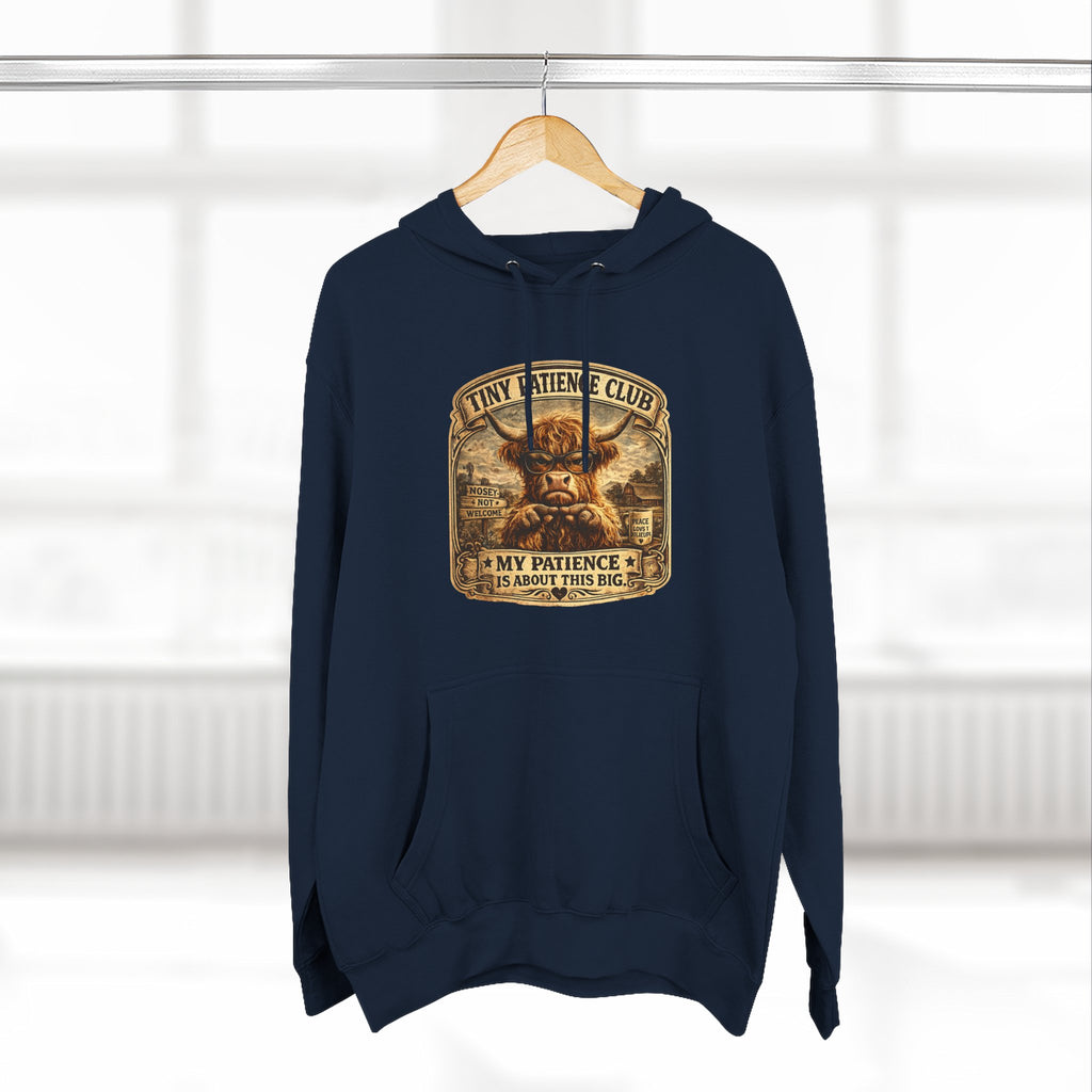 Tiny Patience Club Highland Cow Three-Panel Fleece Hoodie