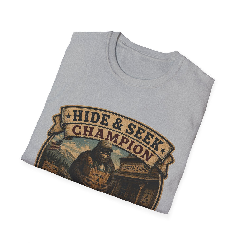 Hide & Seek Champion T-Shirt — Bigfoot Sasquatch Vintage Badge Design