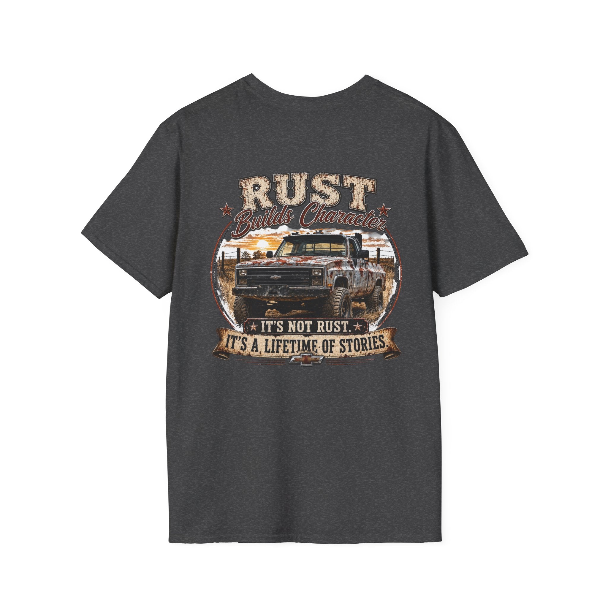 Rust Builds Character - Chevrolet K30 Vintage Truck Pocket T‑Shirt