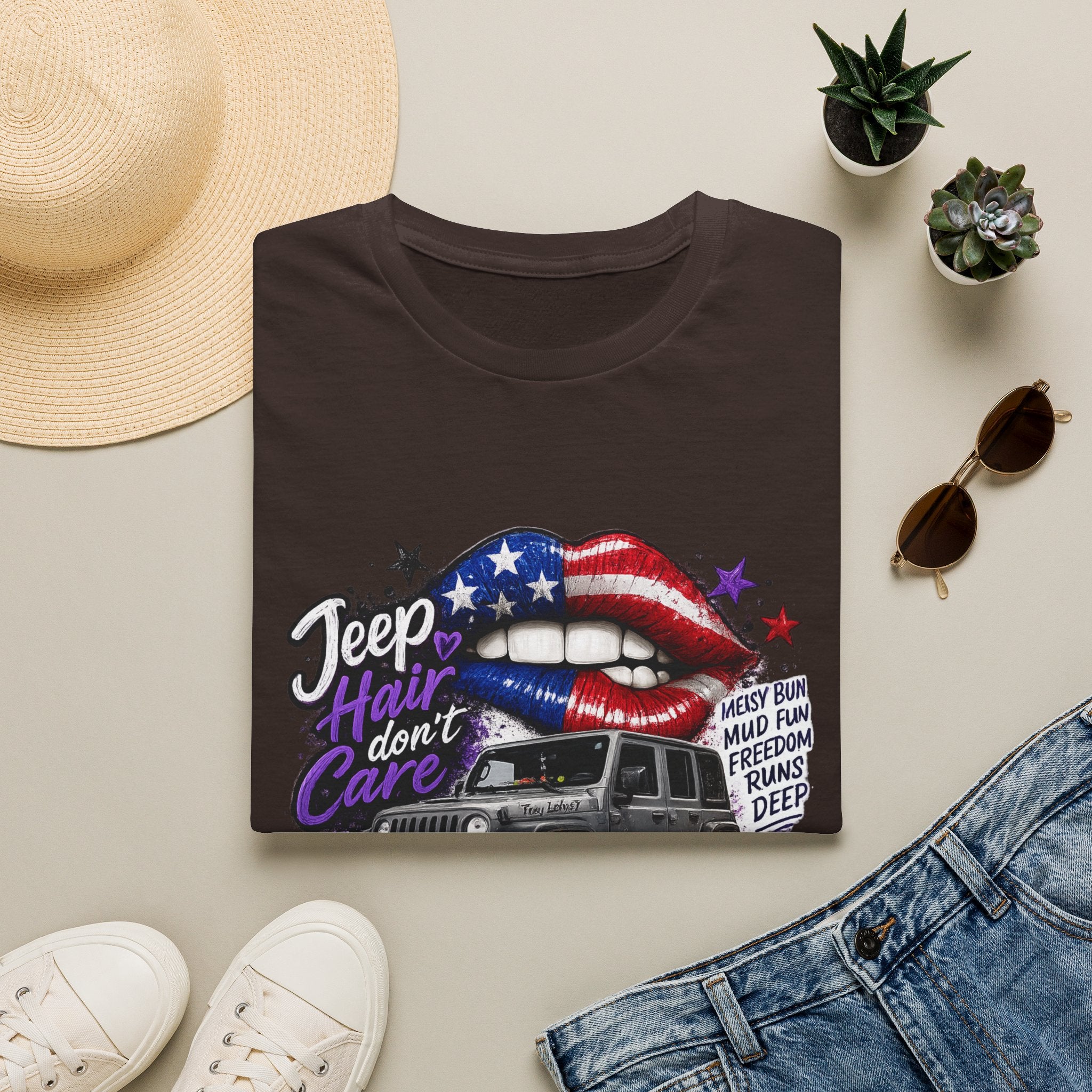 Jeep Hair Don't Care T-Shirt — American Flag Lips Off-Road Truck Tee